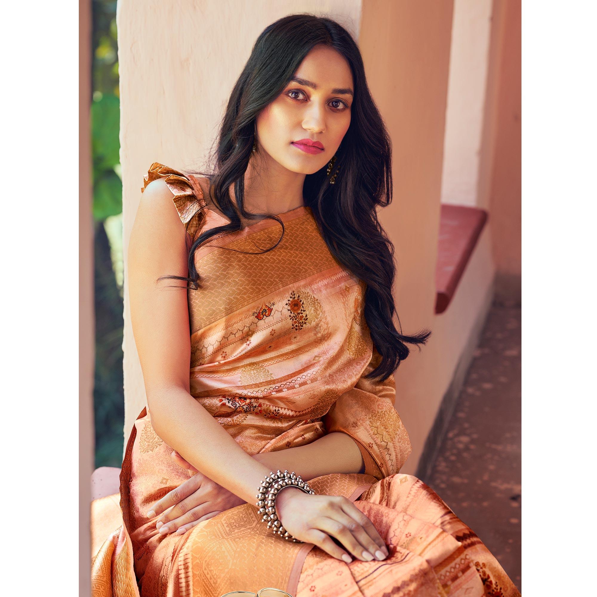 Peach Festive Wear Floral Digital Printed Woven Silk Saree - Peachmode