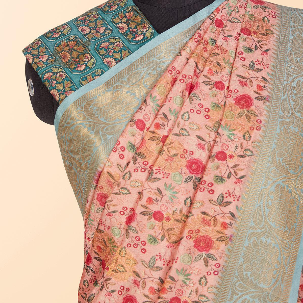 Peach Festive Wear Floral Digital Printed Woven Silk Saree - Peachmode