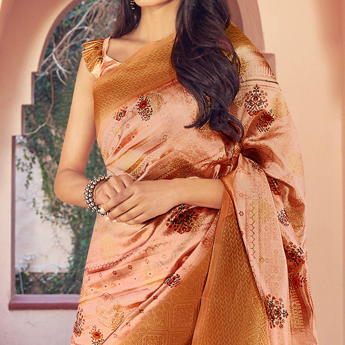 Peach Festive Wear Floral Digital Printed Woven Silk Saree - Peachmode