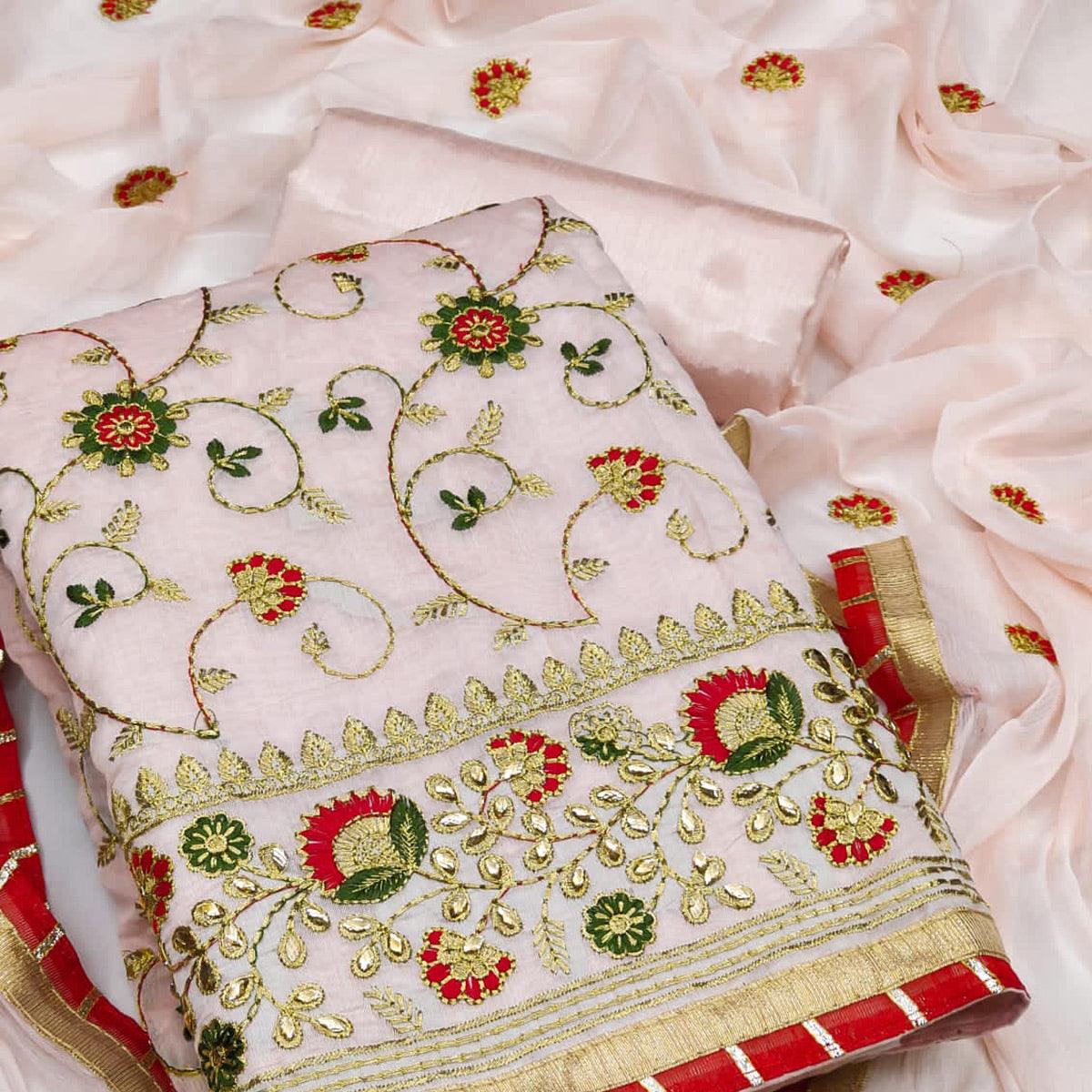 Peach Festive Wear Floral Embroidered Chanderi Dress Material - Peachmode