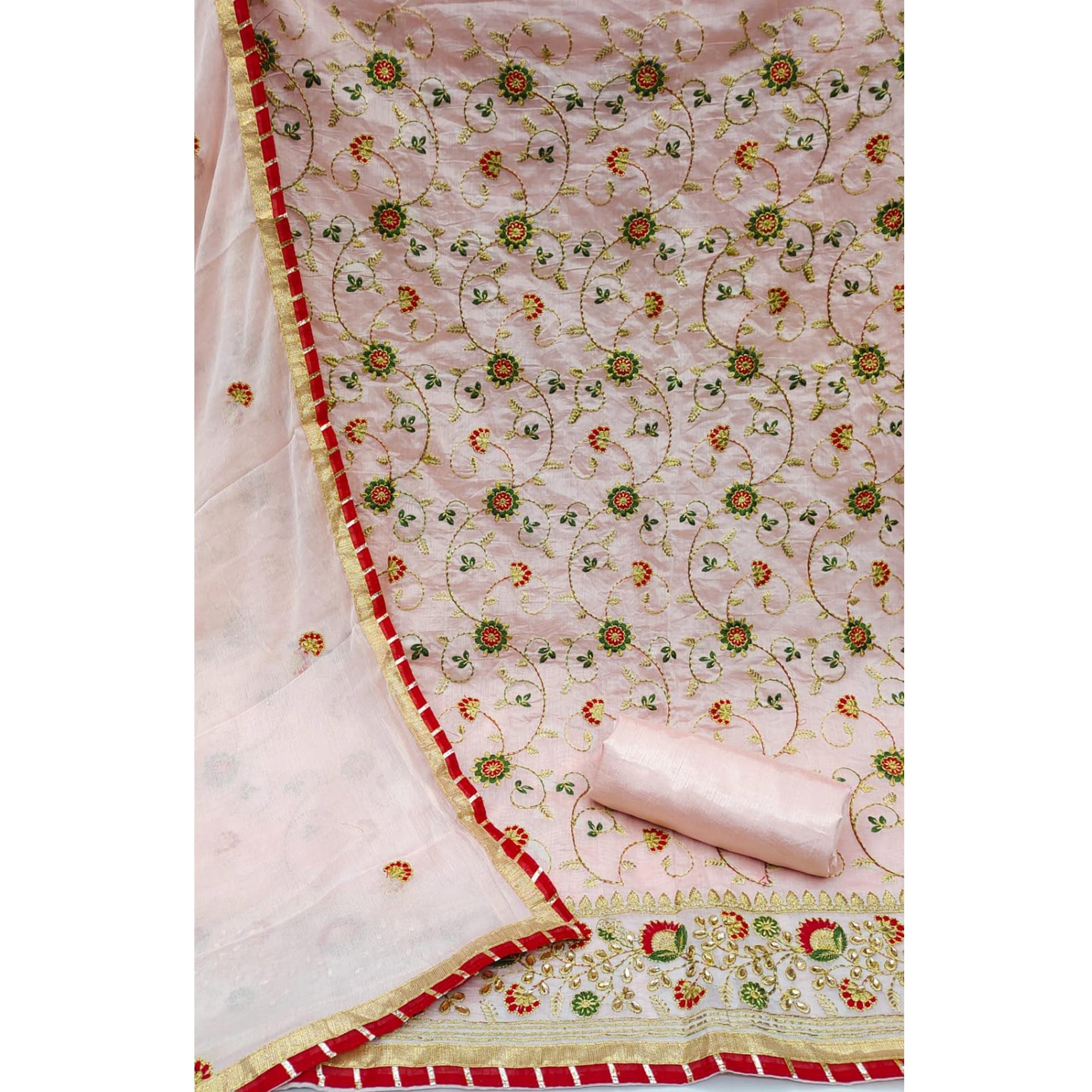 Peach Festive Wear Floral Embroidered Chanderi Dress Material - Peachmode