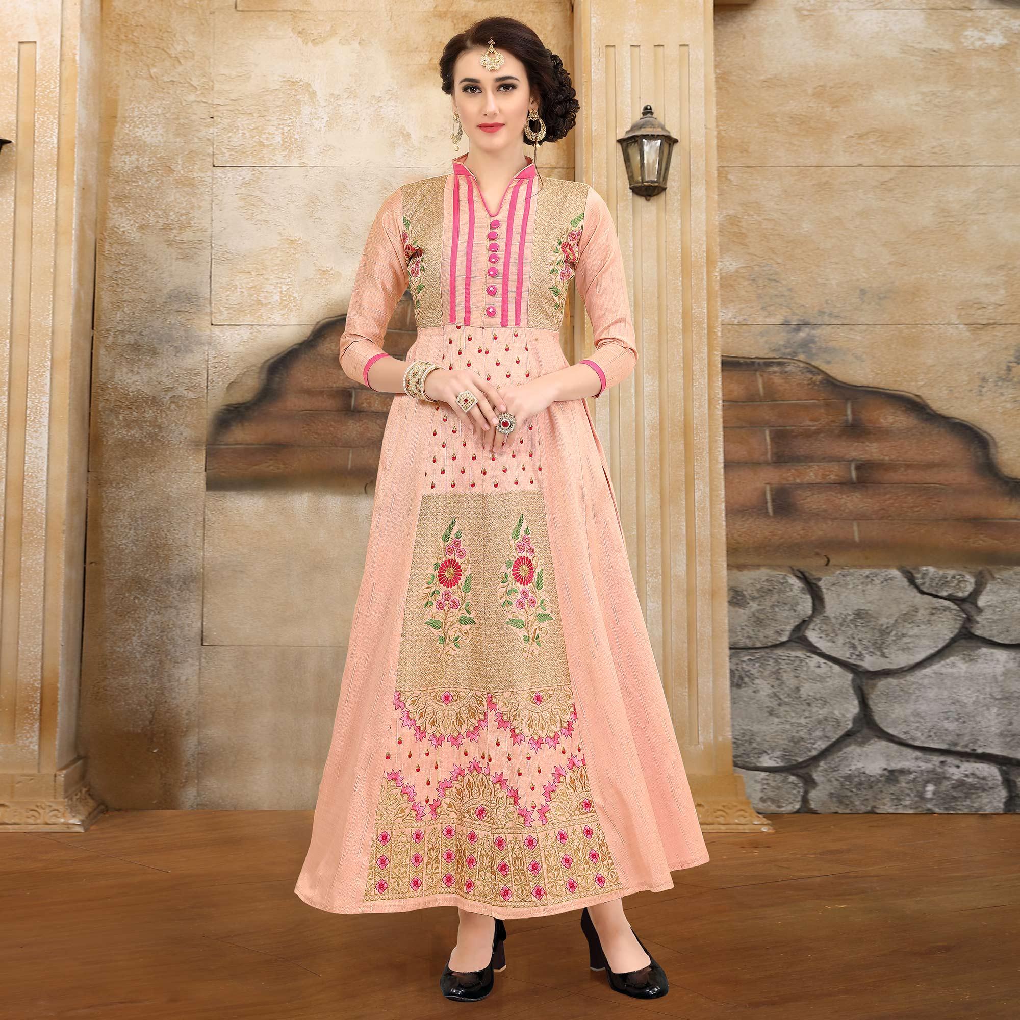 Peach Festive Wear Floral Embroidered Fancy Fabric Anarkali Suit - Peachmode