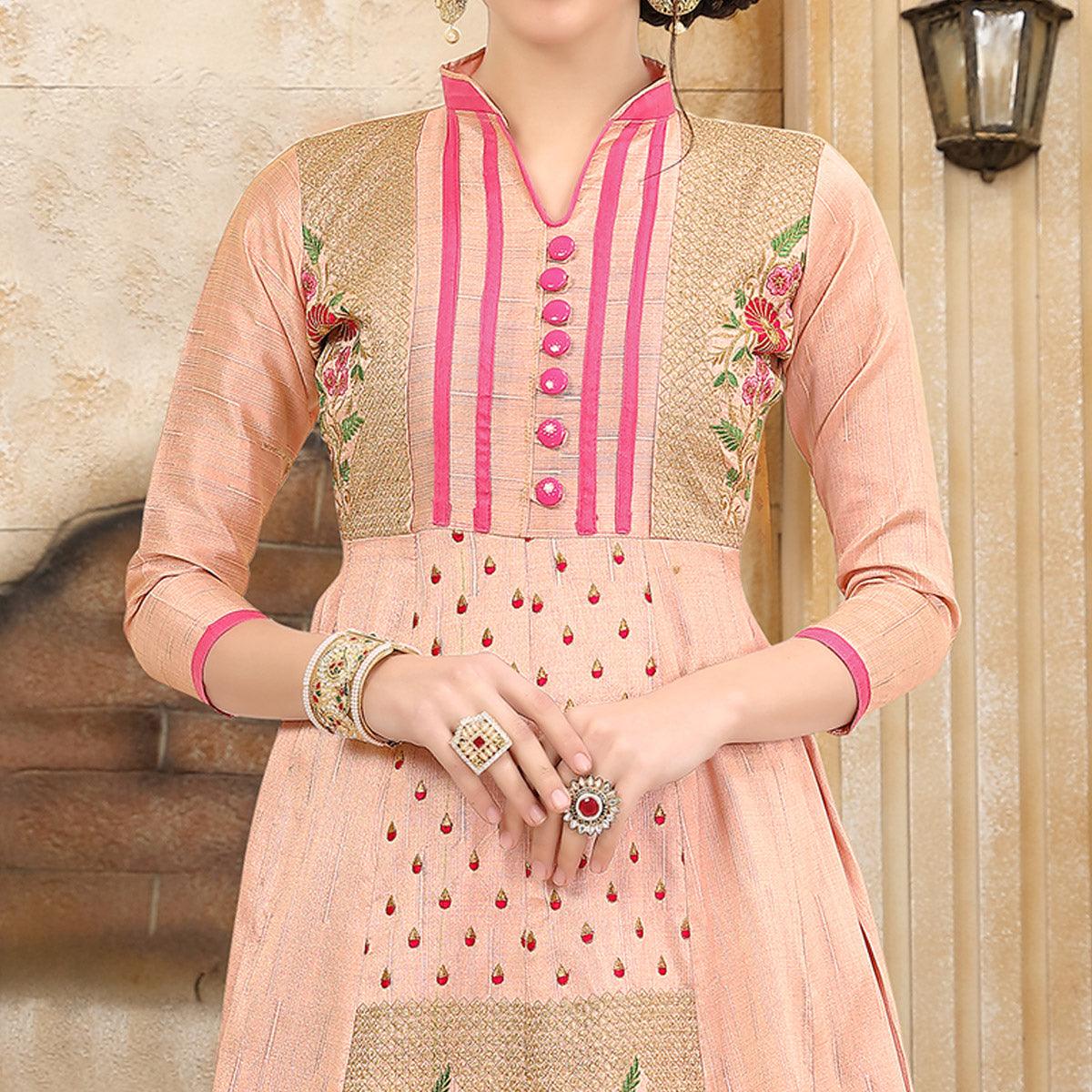 Peach Festive Wear Floral Embroidered Fancy Fabric Anarkali Suit - Peachmode