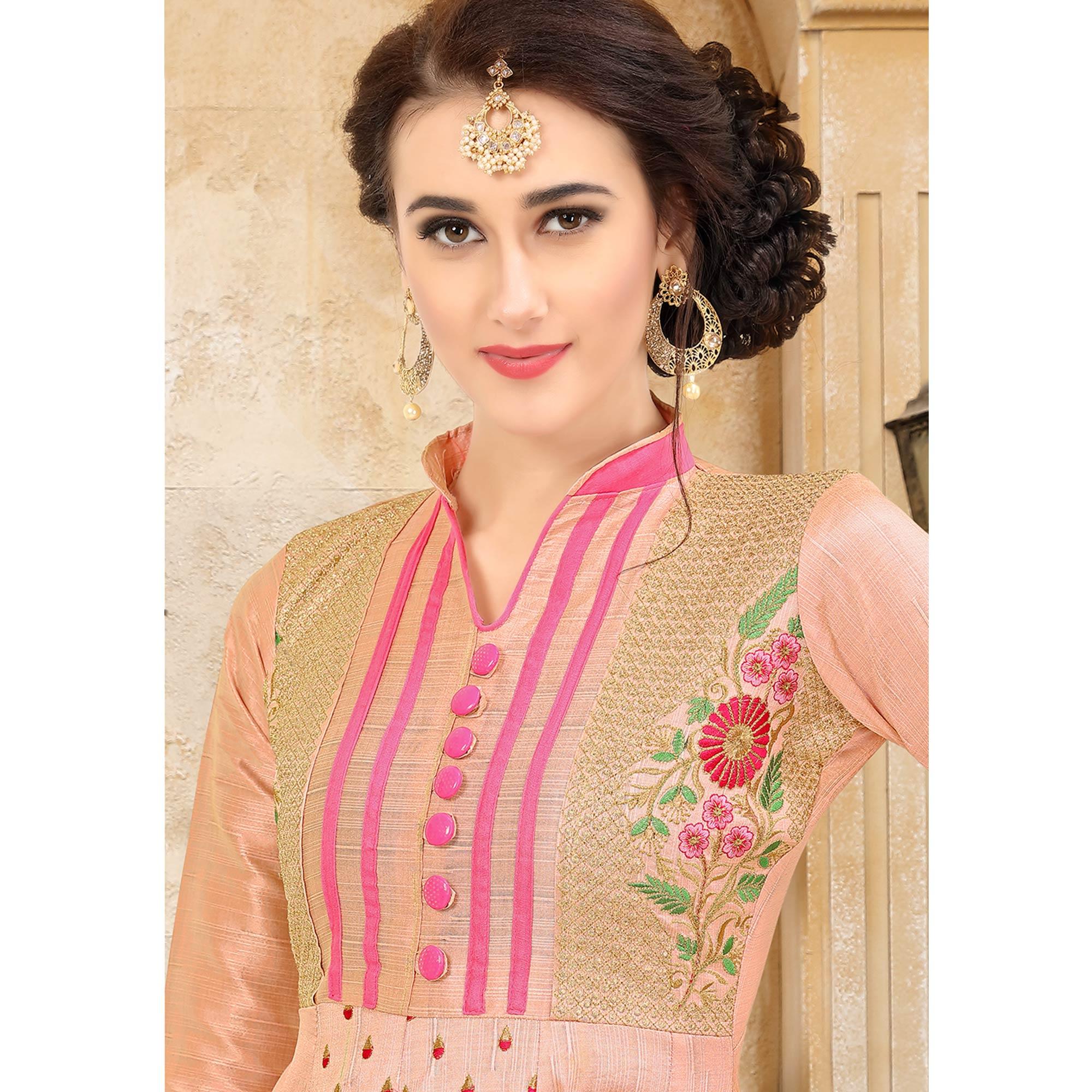 Peach Festive Wear Floral Embroidered Fancy Fabric Anarkali Suit - Peachmode