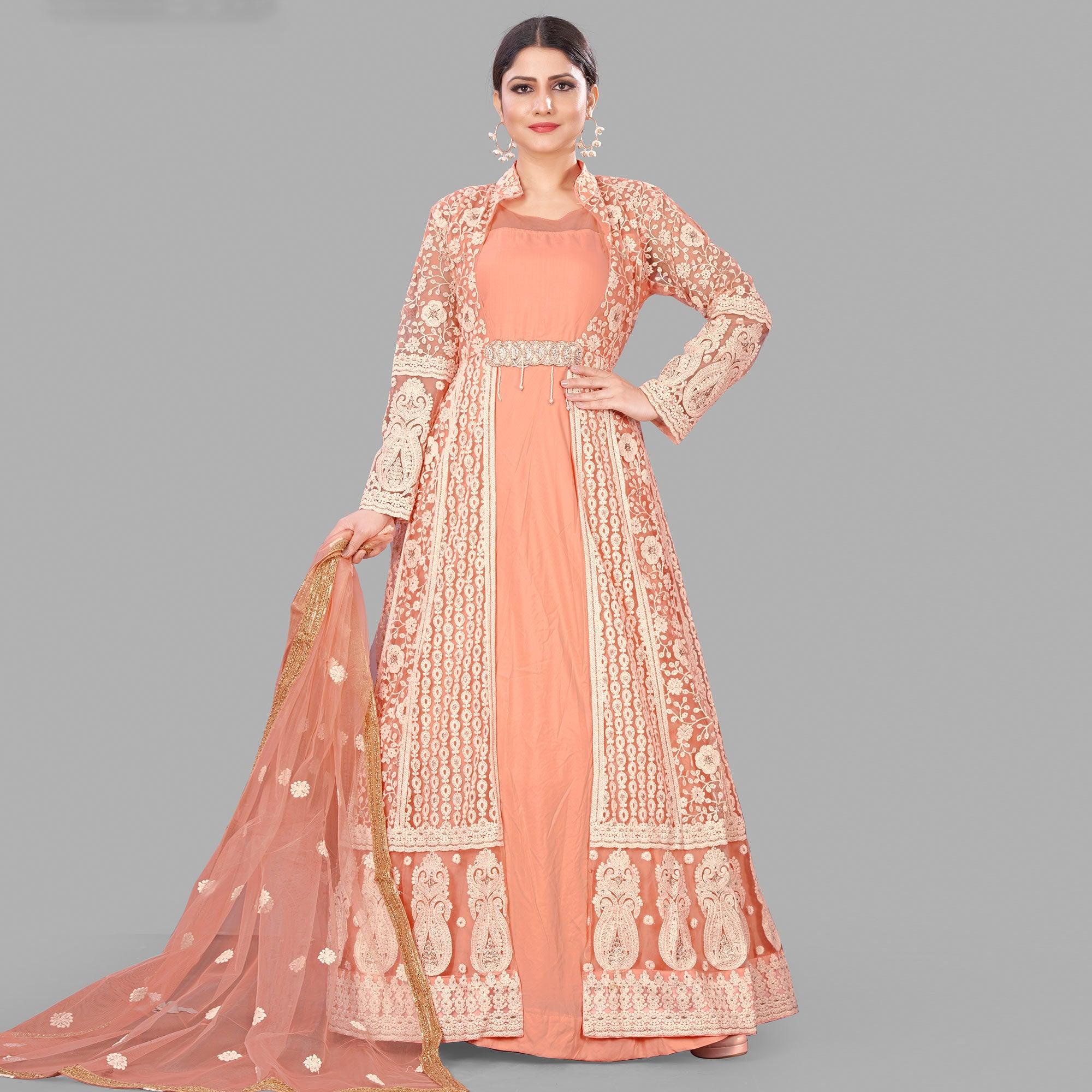 Peach Festive Wear Floral Embroidered Heavy Georgette Floor Length A Line Suit - Peachmode