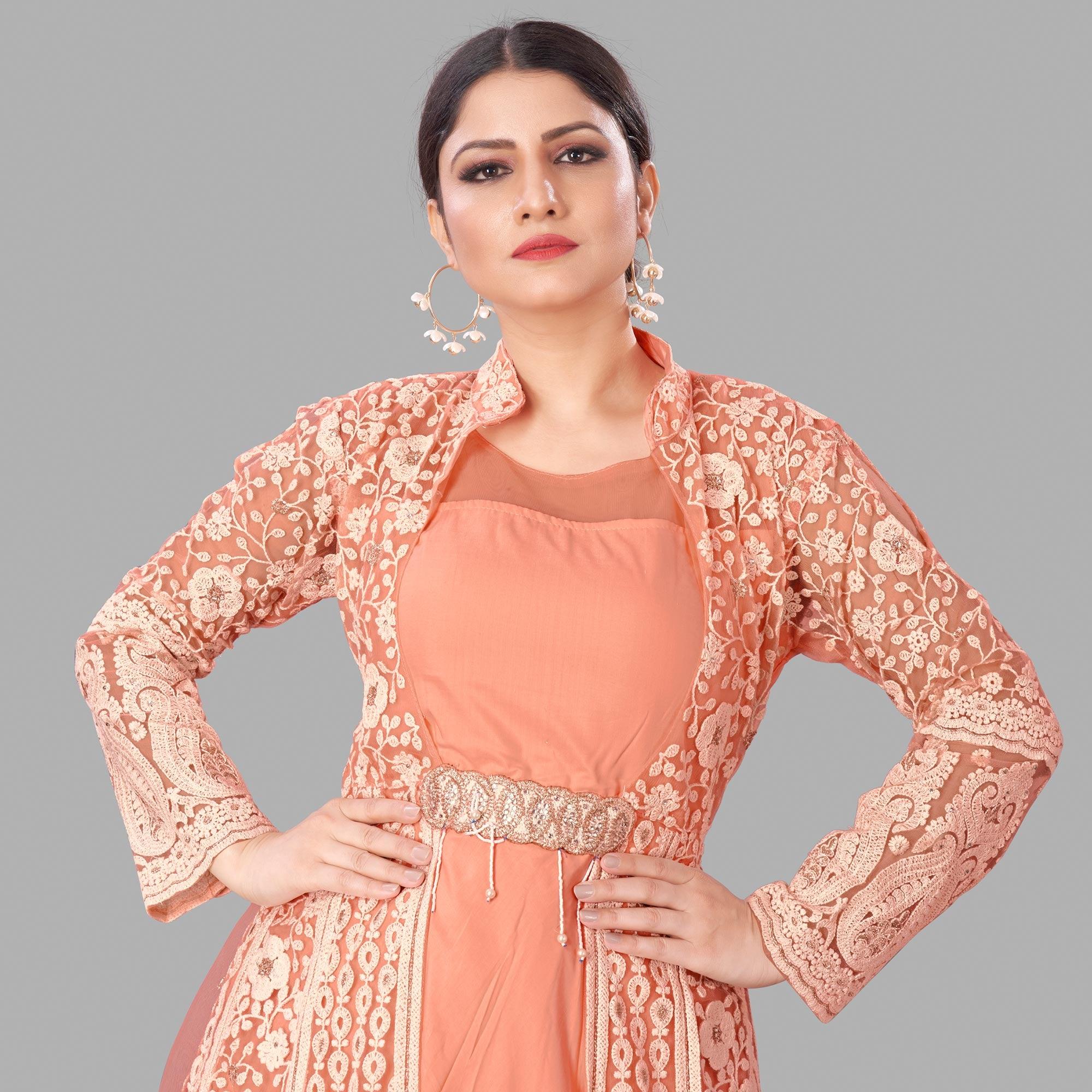 Peach Festive Wear Floral Embroidered Heavy Georgette Floor Length A Line Suit - Peachmode