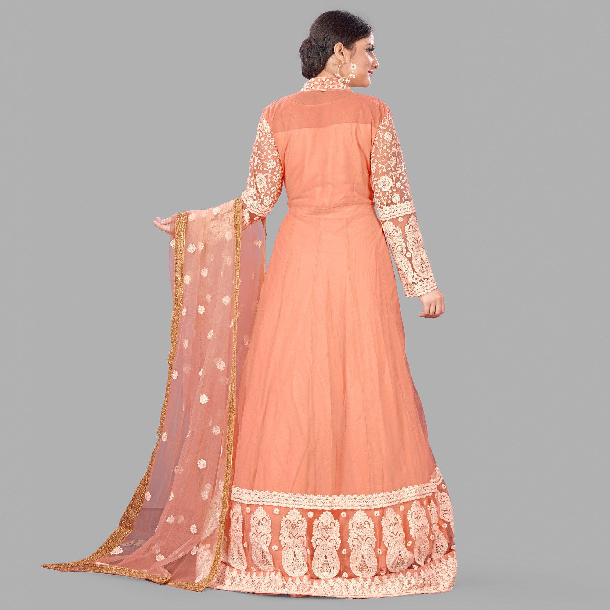 Peach Festive Wear Floral Embroidered Heavy Georgette Floor Length A Line Suit - Peachmode