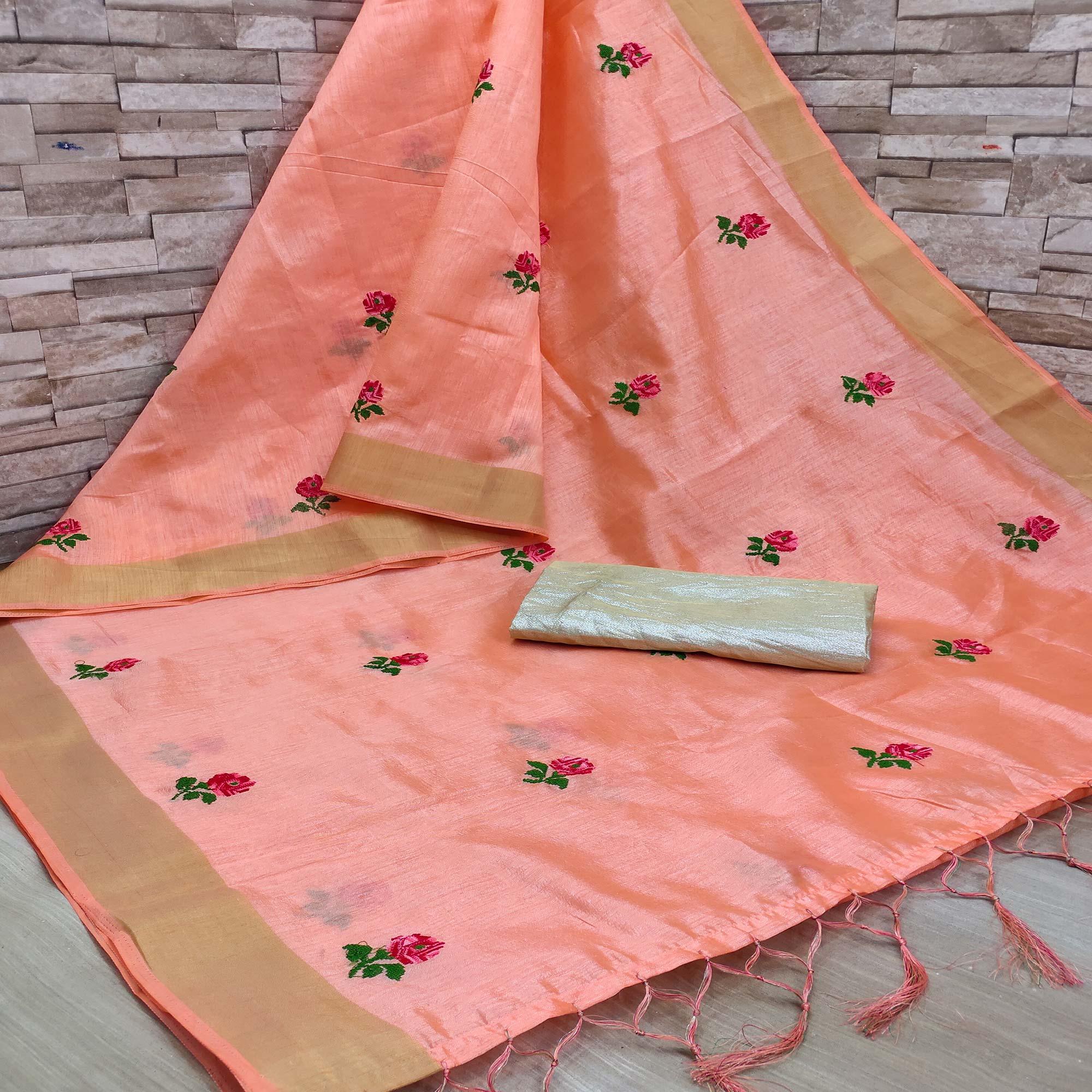 Peach Festive Wear Floral Embroidered Manipuri Silk Saree With Tassels - Peachmode