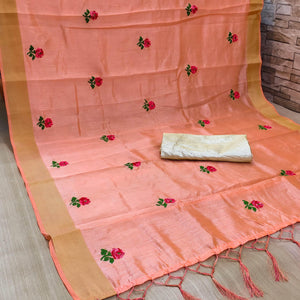 Peach Festive Wear Floral Embroidered Manipuri Silk Saree With Tassels - Peachmode