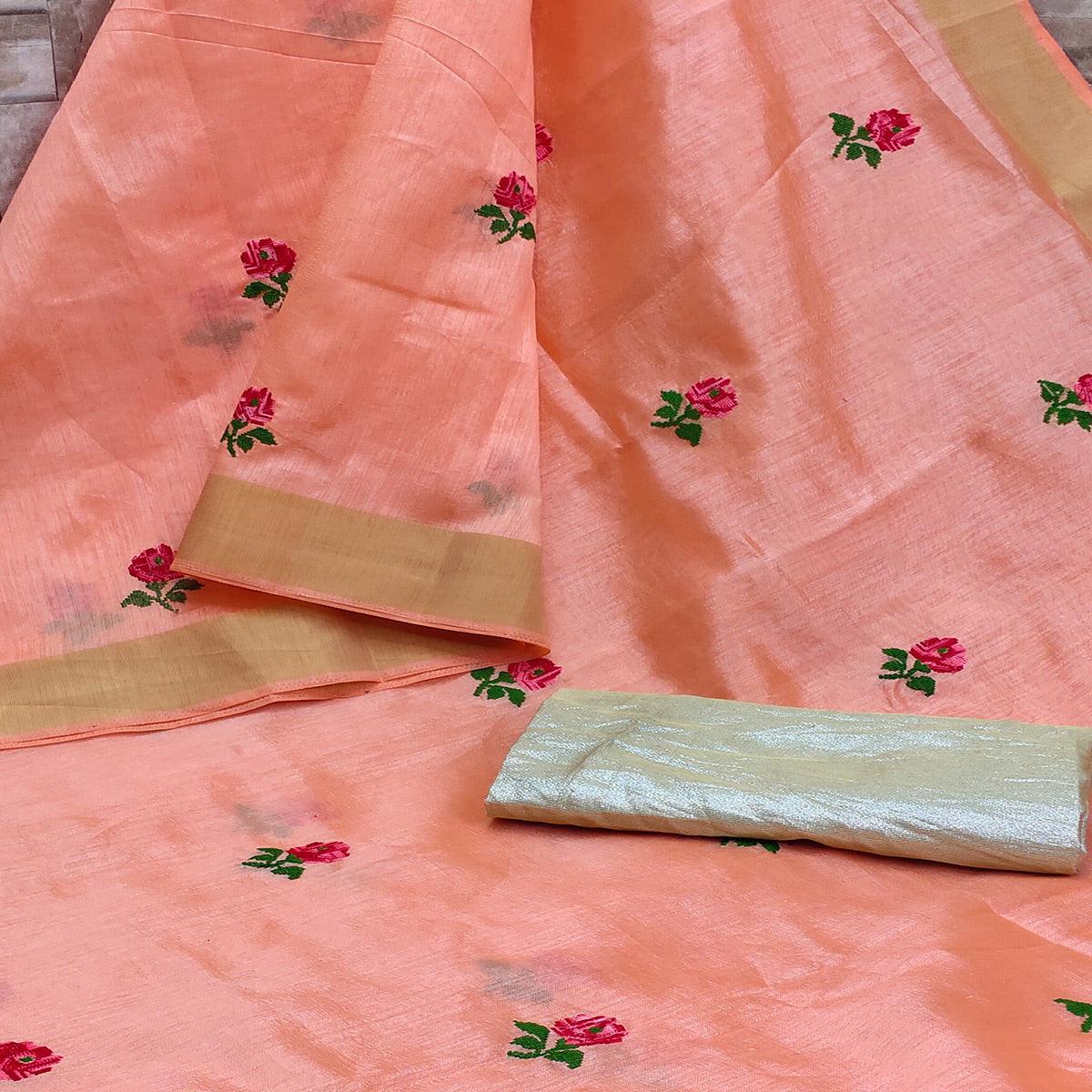 Peach Festive Wear Floral Embroidered Manipuri Silk Saree With Tassels - Peachmode