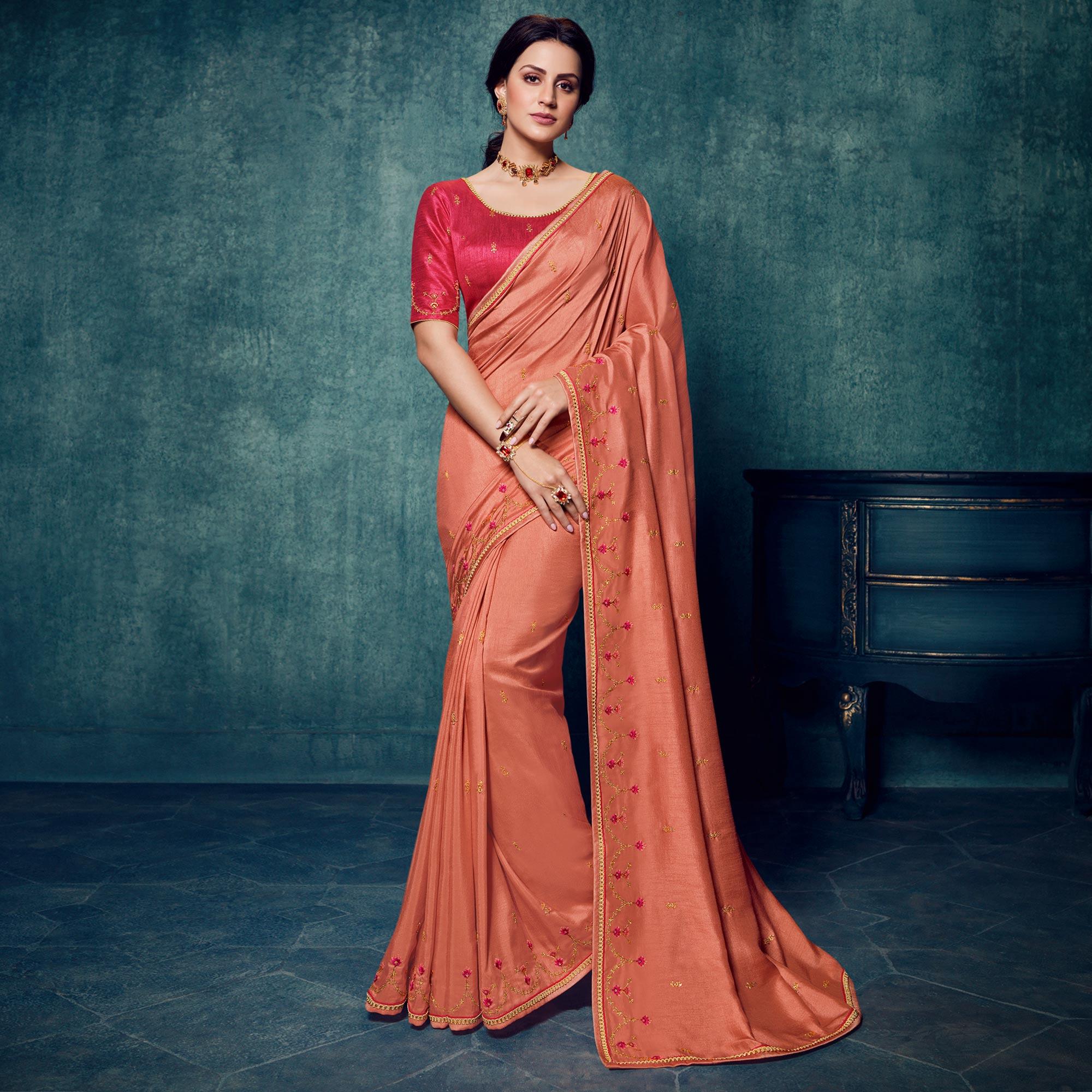 Peach Festive Wear Floral Embroidered Silk Saree - Peachmode