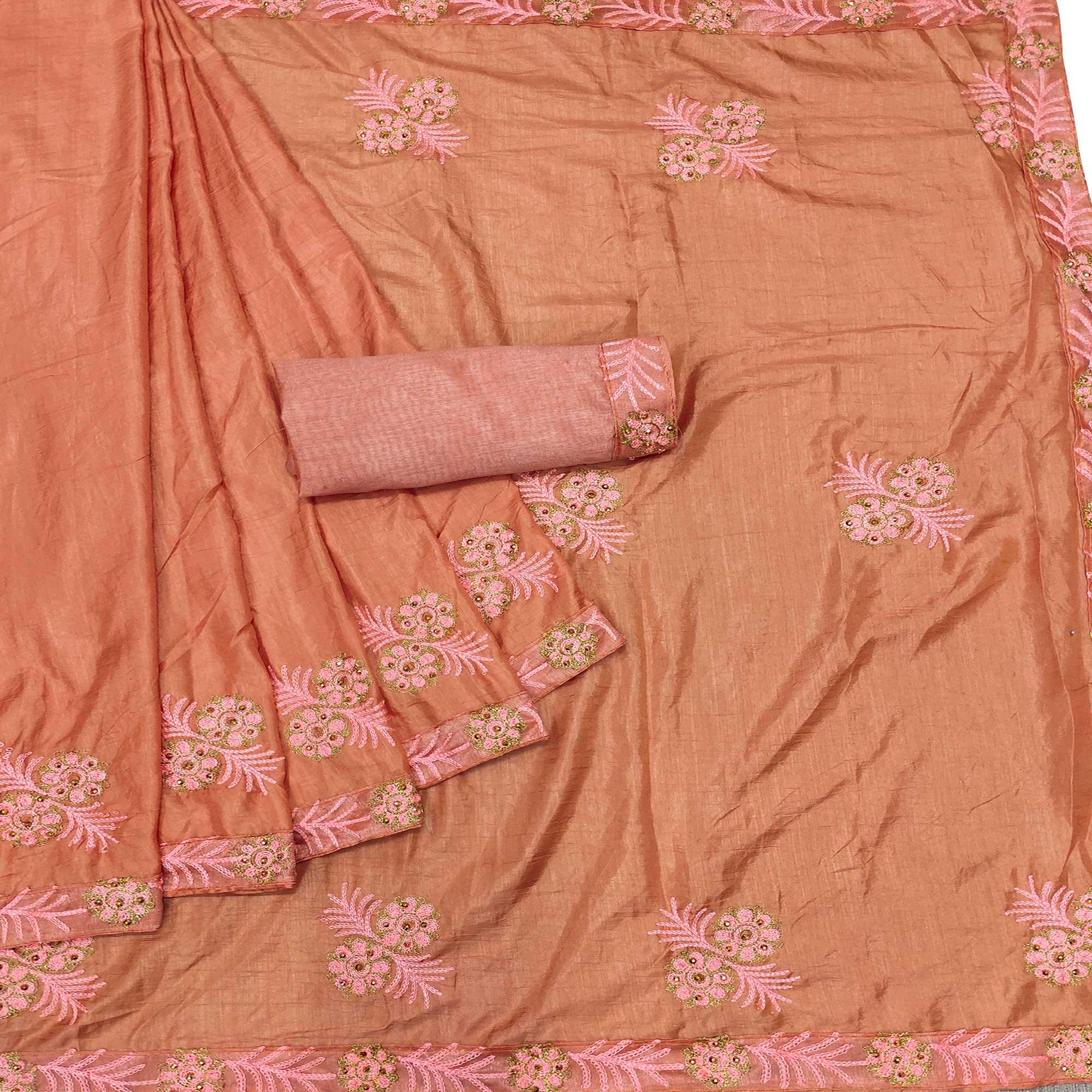 Peach Festive Wear Floral Embroidered Silk Saree - Peachmode