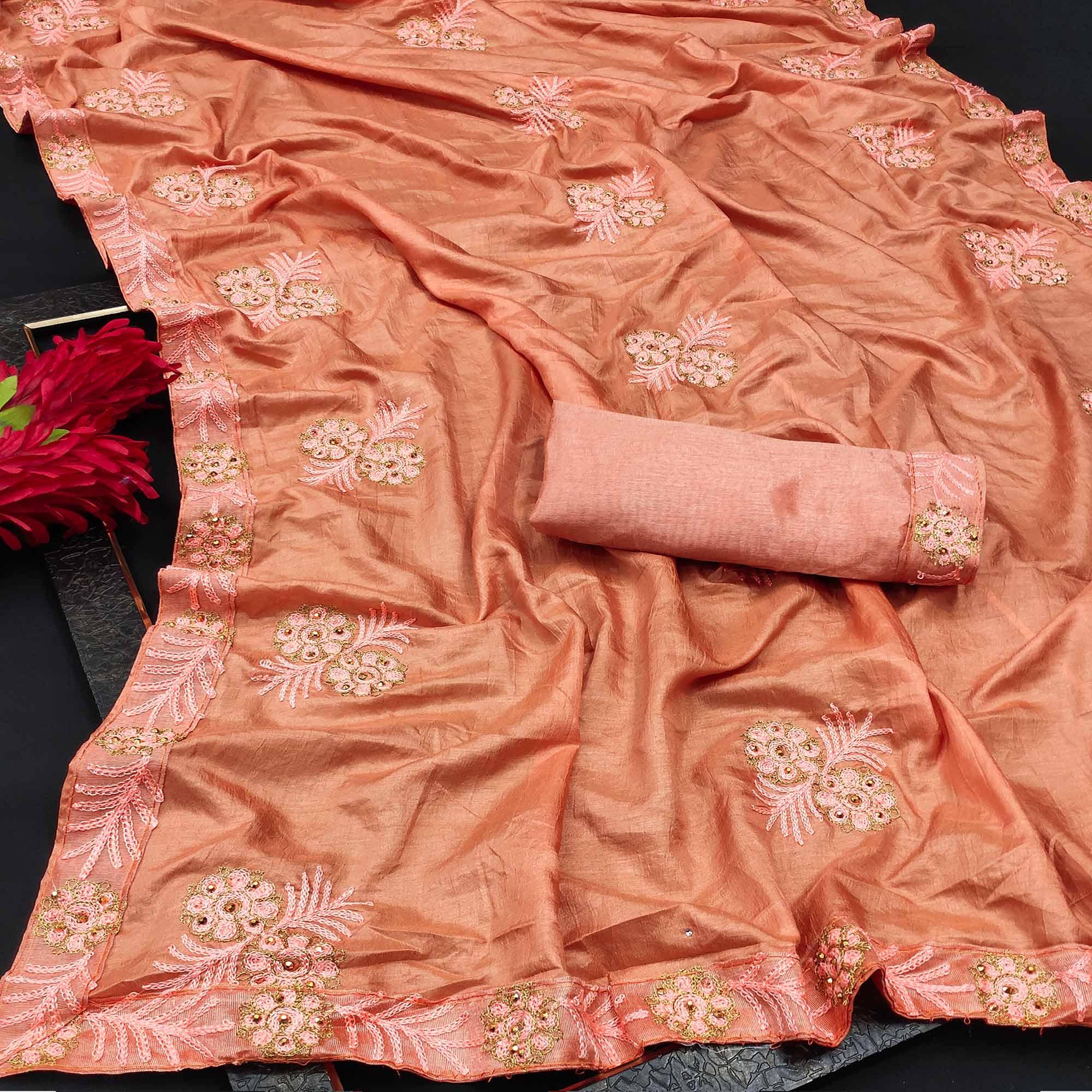 Peach Festive Wear Floral Embroidered Silk Saree - Peachmode