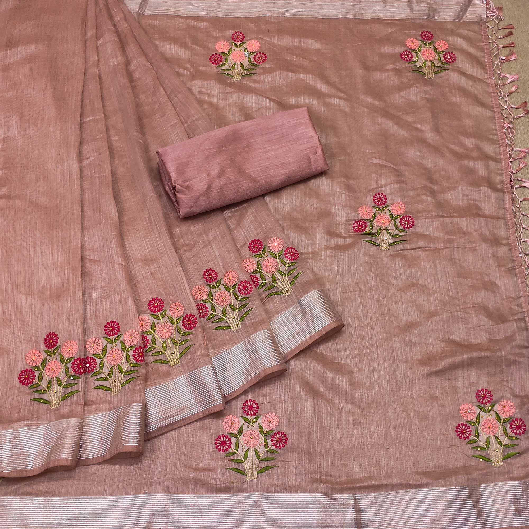 Peach Festive Wear Floral Embroidered With Embellished Cotton Saree - Peachmode