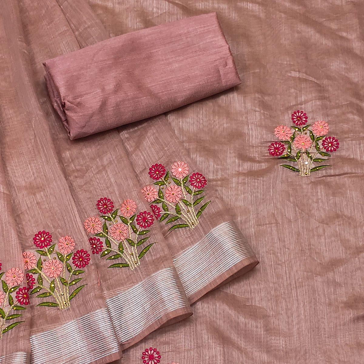 Peach Festive Wear Floral Embroidered With Embellished Cotton Saree - Peachmode