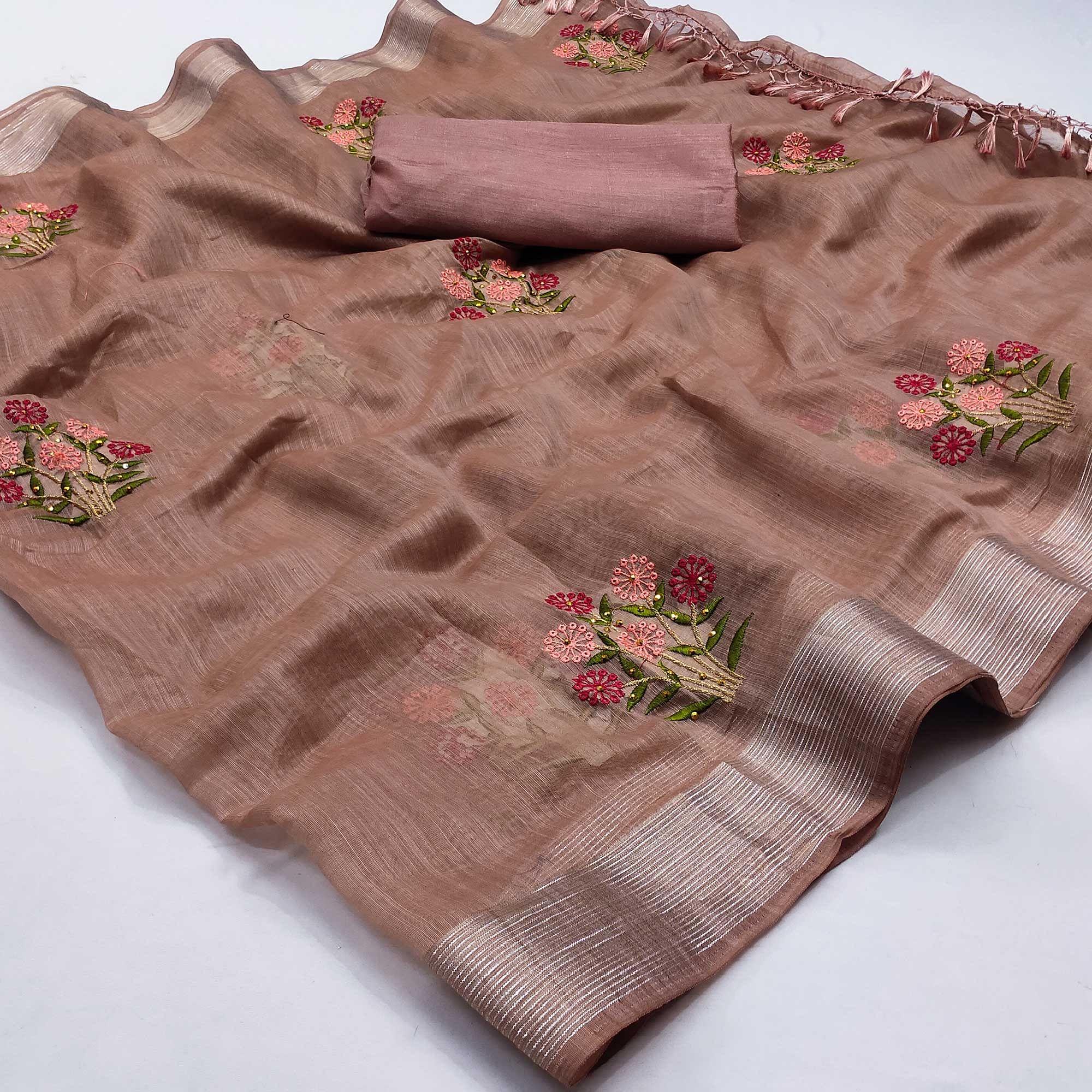 Peach Festive Wear Floral Embroidered With Embellished Cotton Saree - Peachmode