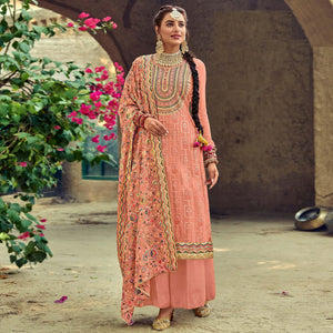 Peach Festive Wear Floral Embroidred Straight Faux Georgette Palazzo Suit - Peachmode