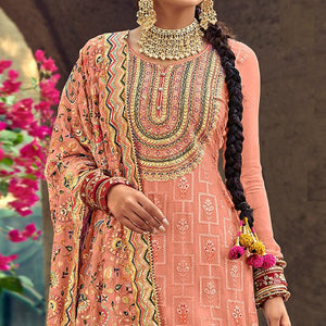 Peach Festive Wear Floral Embroidred Straight Faux Georgette Palazzo Suit - Peachmode
