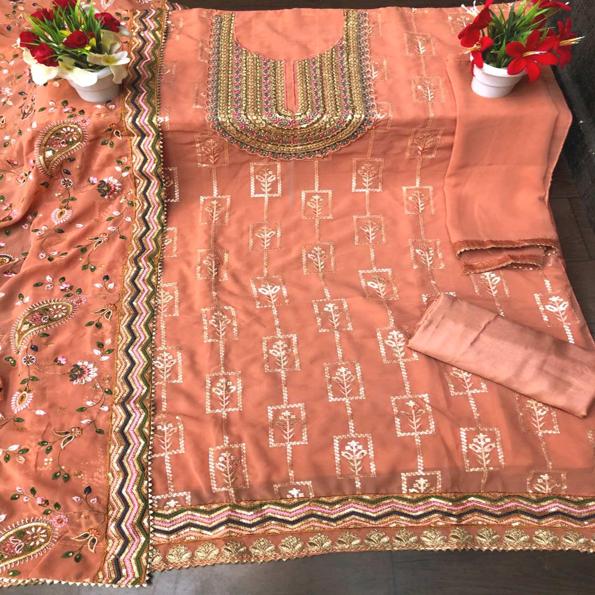 Peach Festive Wear Floral Embroidred Straight Faux Georgette Palazzo Suit - Peachmode