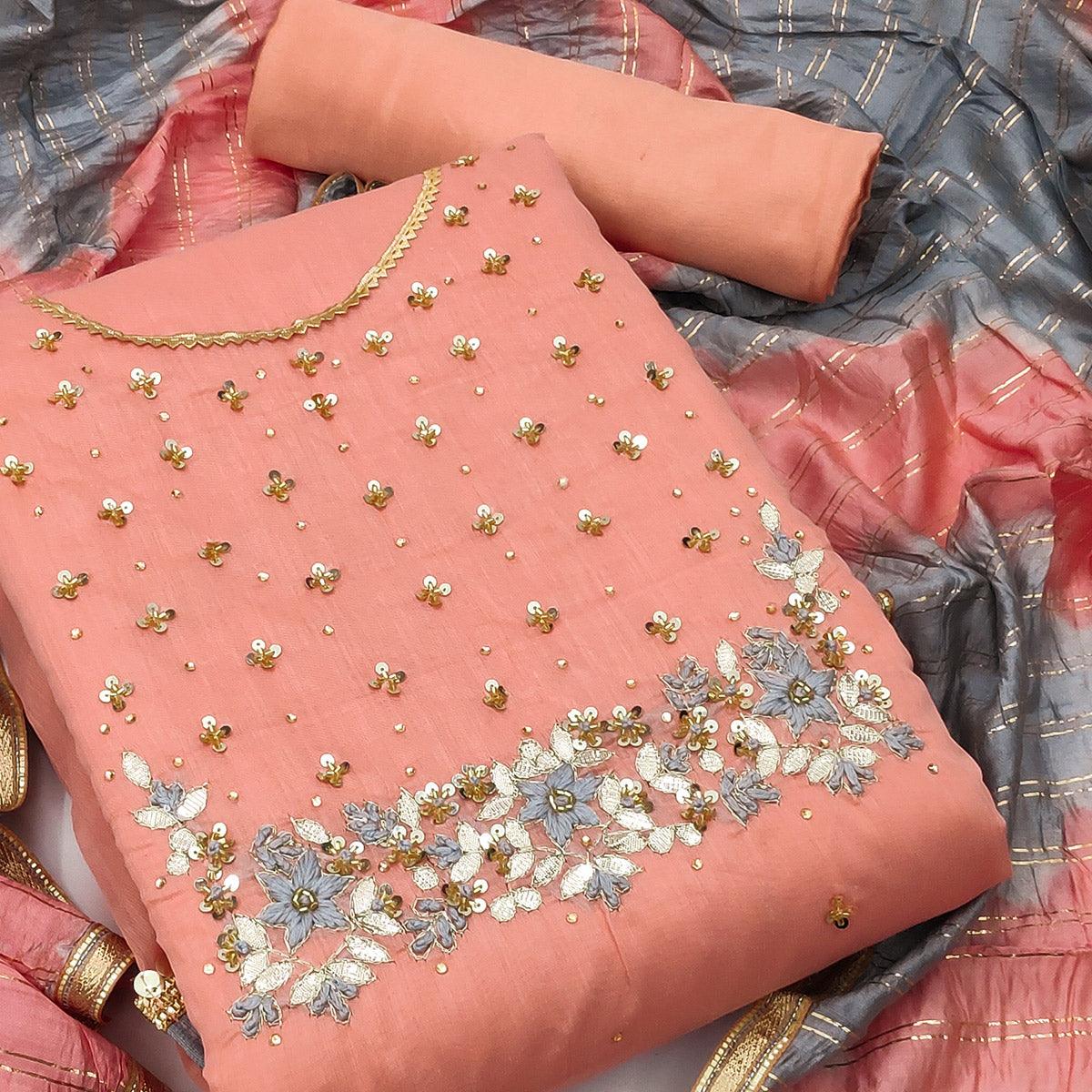 Peach Festive Wear Floral Handwork Modal Chanderi Dress Material - Peachmode