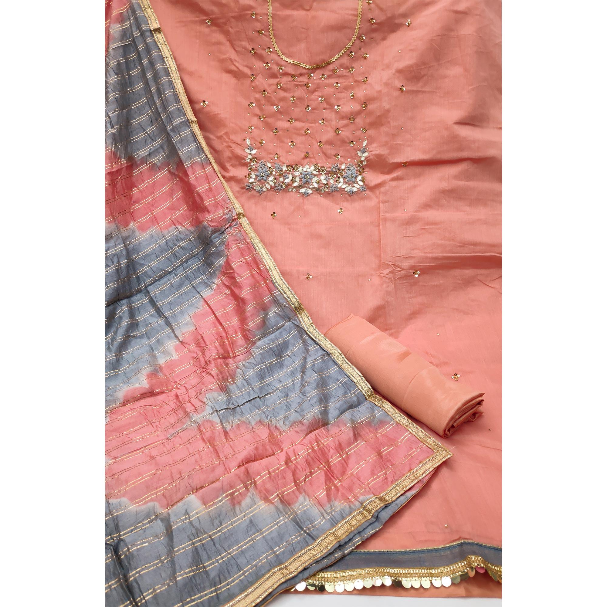 Peach Festive Wear Floral Handwork Modal Chanderi Dress Material - Peachmode