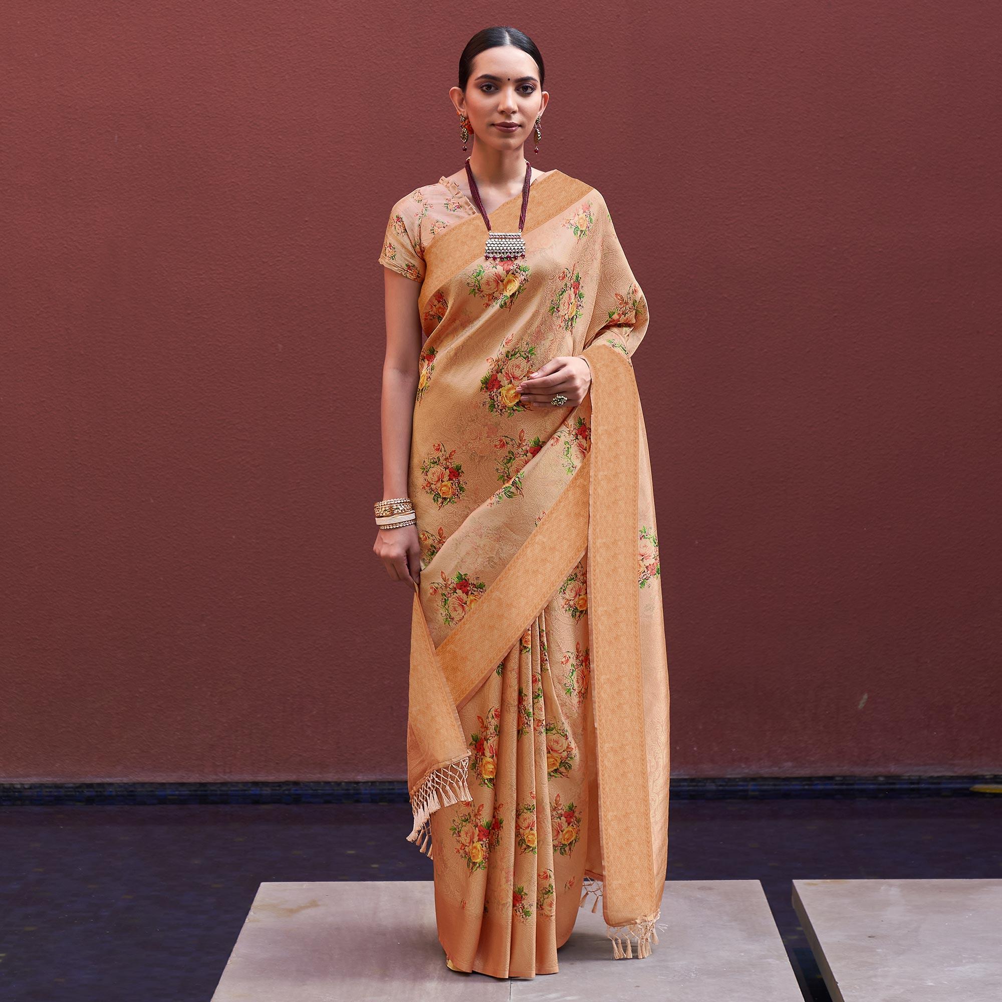 Peach Festive Wear Floral Printed Silk Saree With Woven Border - Peachmode