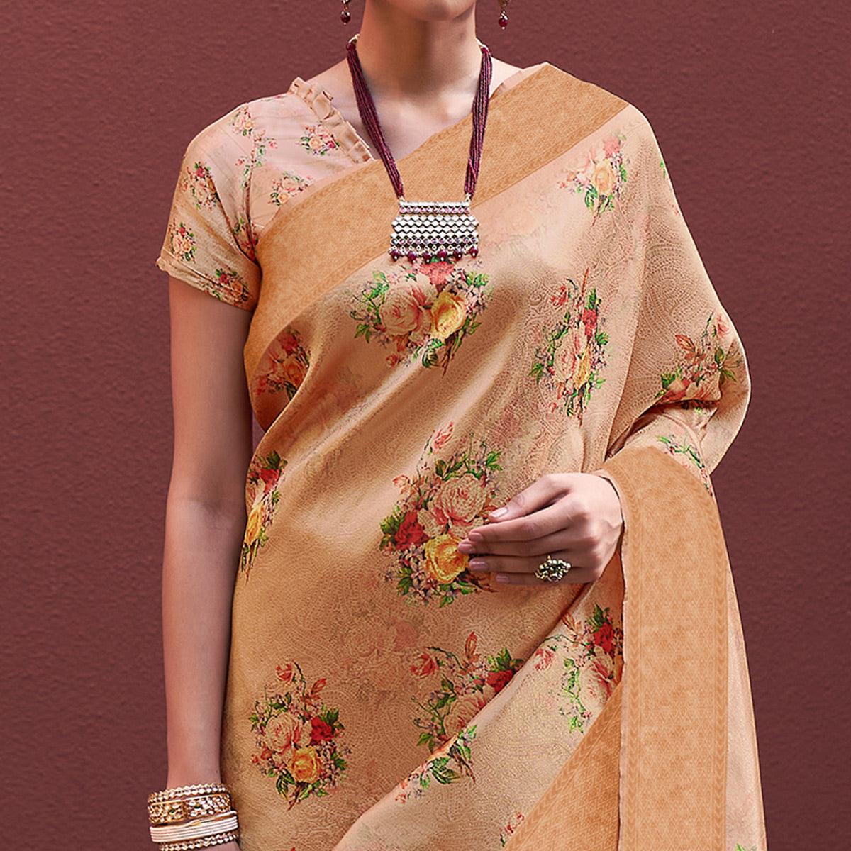 Peach Festive Wear Floral Printed Silk Saree With Woven Border - Peachmode