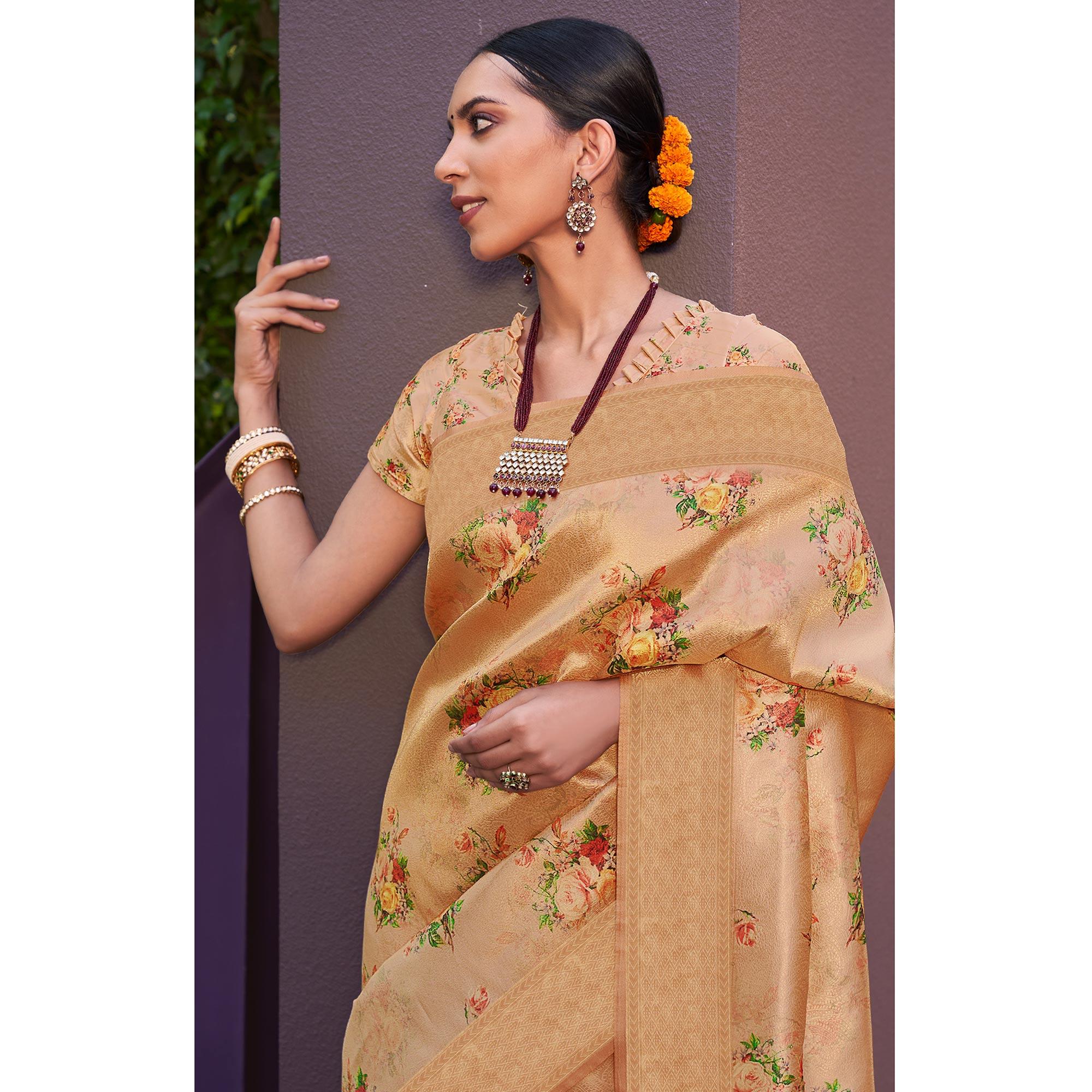 Peach Festive Wear Floral Printed Silk Saree With Woven Border - Peachmode