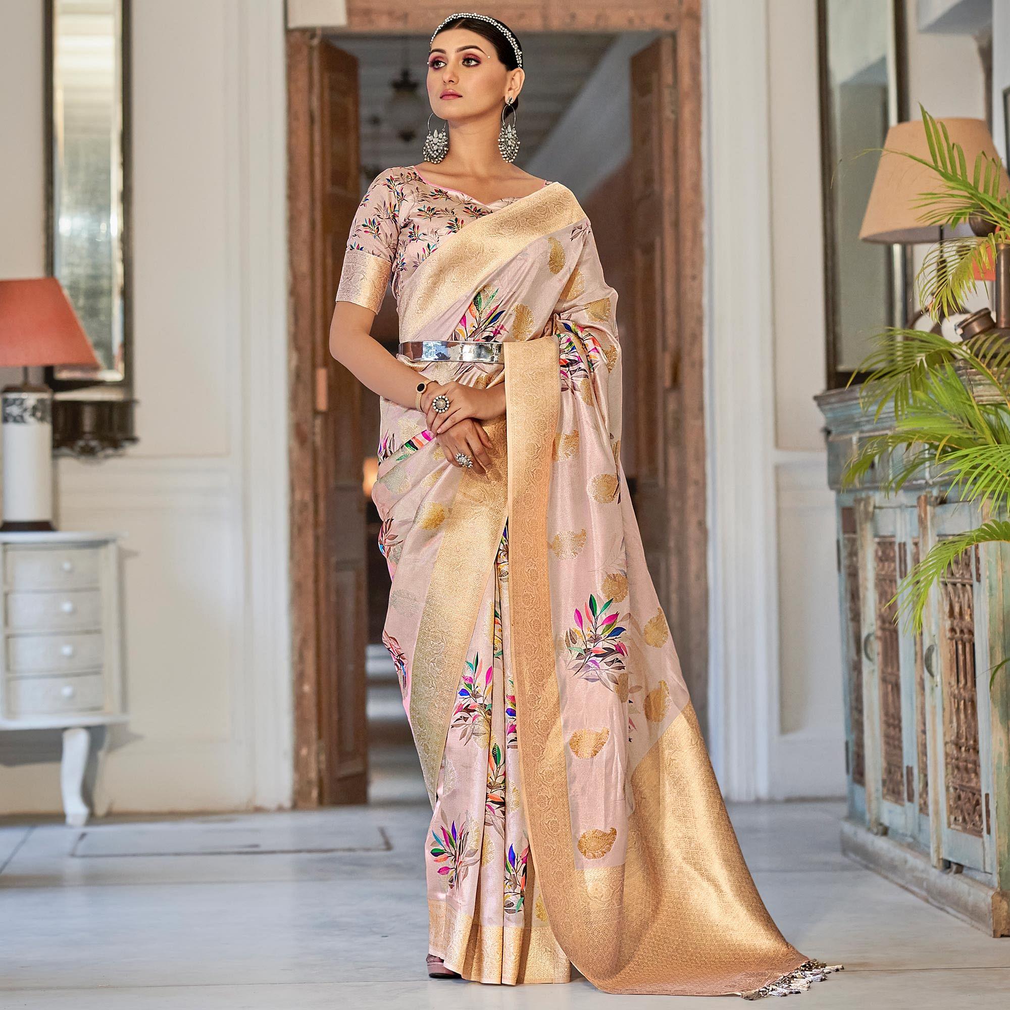 Peach Festive Wear Floral Printed With Woven With Woven Jacquard Saree - Peachmode