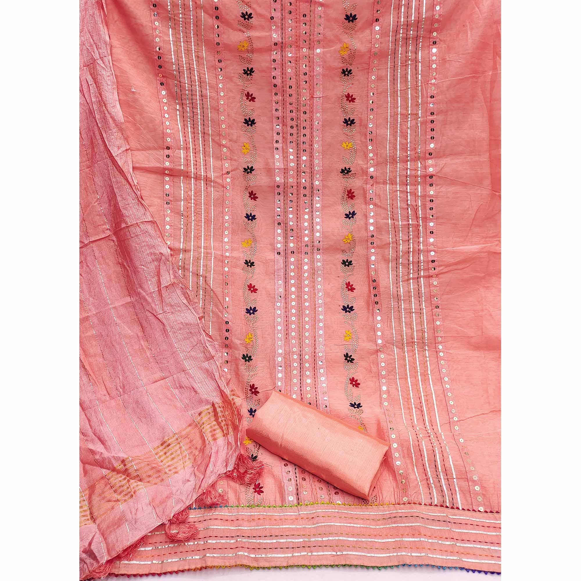 Peach Festive Wear Floral Sequecne Embroidered Chanderi Dress Material - Peachmode