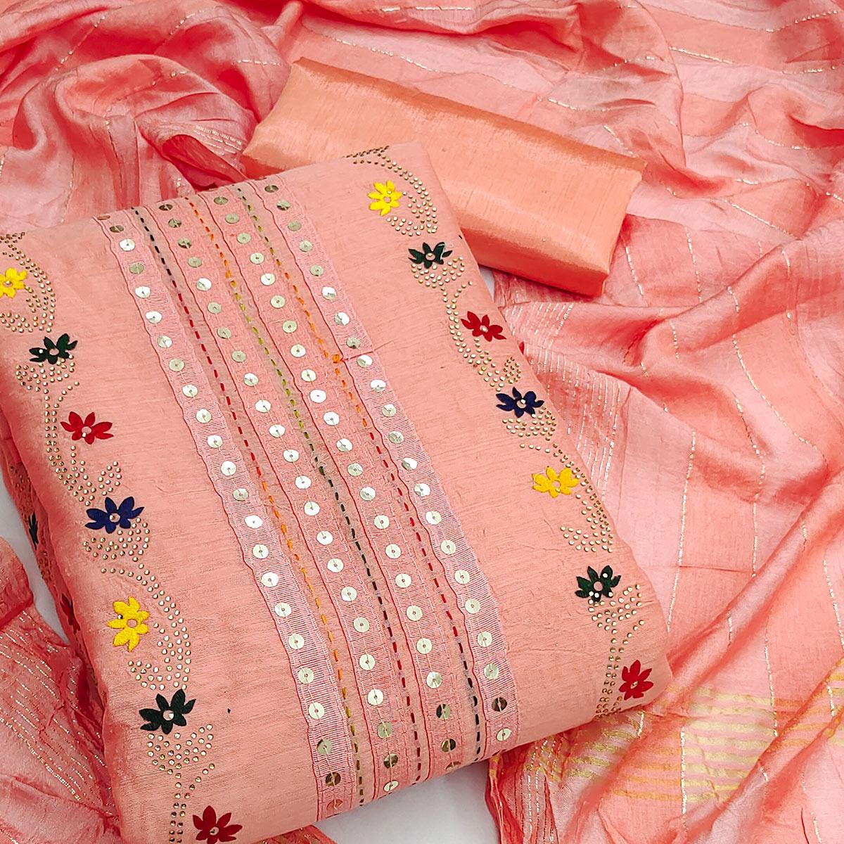 Peach Festive Wear Floral Sequecne Embroidered Chanderi Dress Material - Peachmode