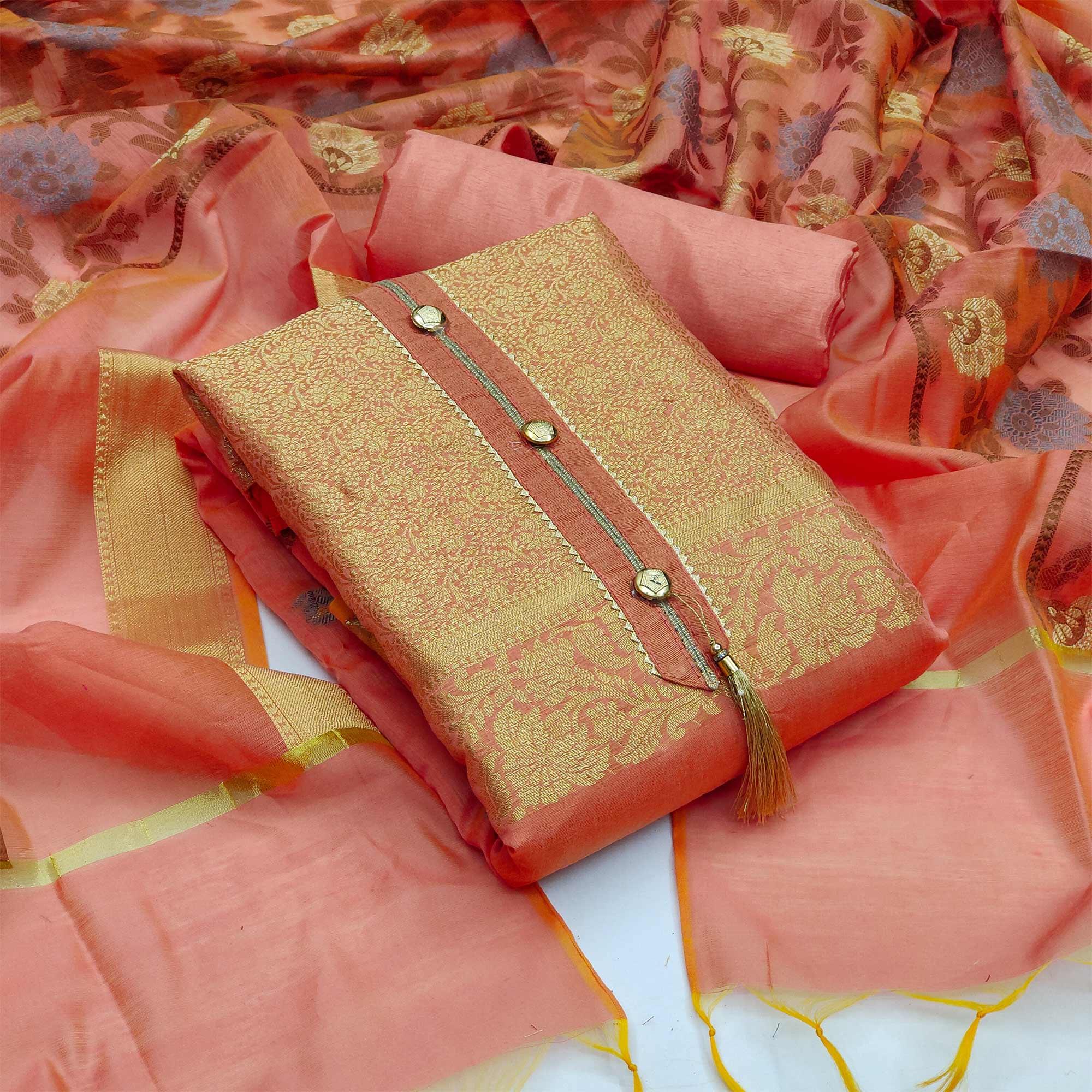 Peach Festive Wear Floral Woven Banarasi Silk Jacquard Dress Material - Peachmode