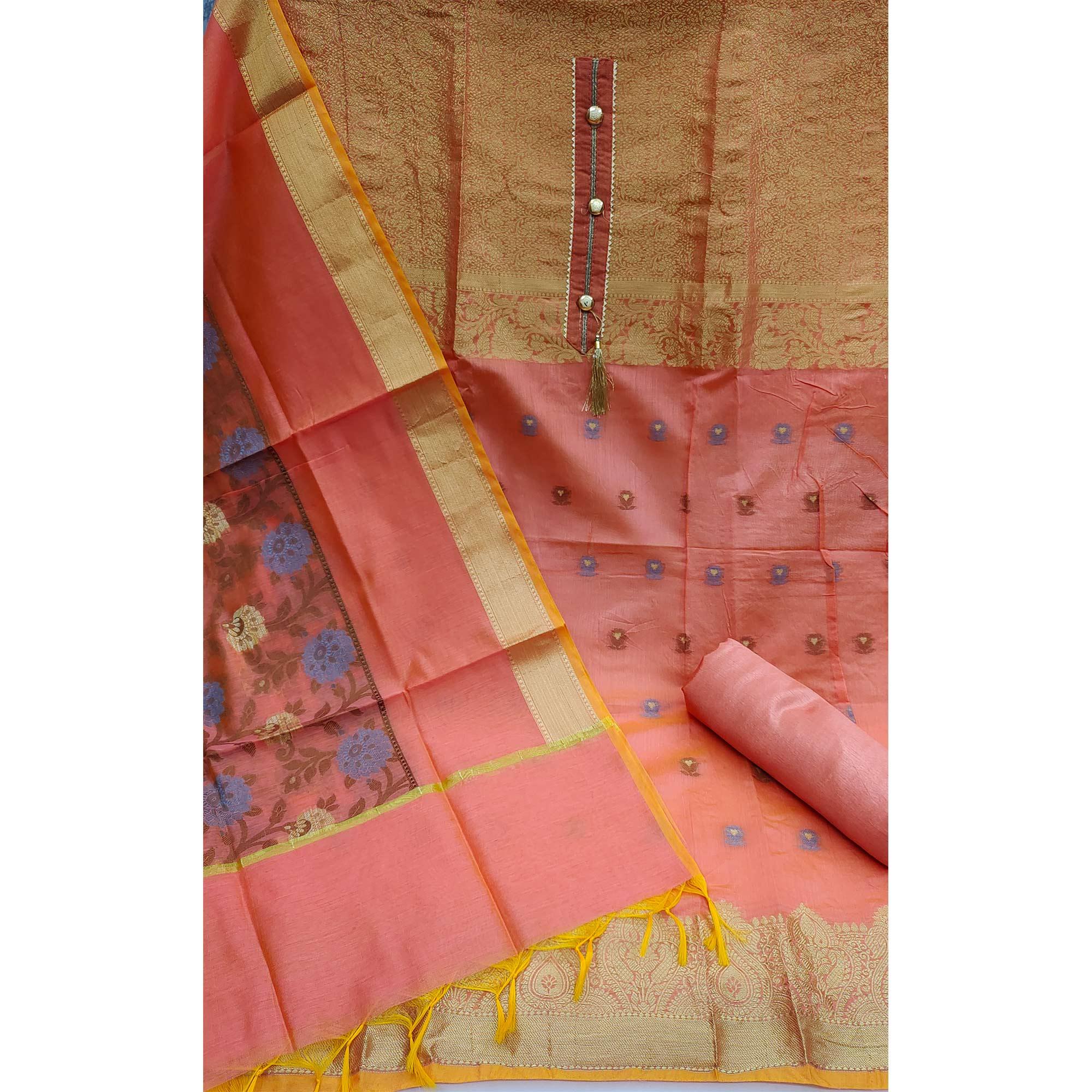 Peach Festive Wear Floral Woven Banarasi Silk Jacquard Dress Material - Peachmode