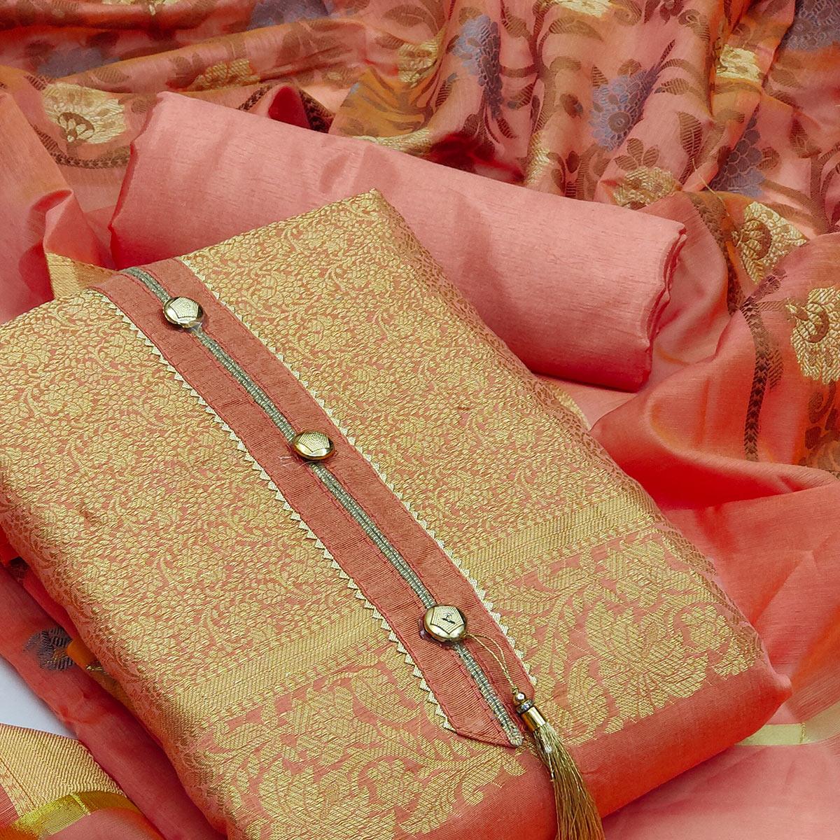 Peach Festive Wear Floral Woven Banarasi Silk Jacquard Dress Material - Peachmode