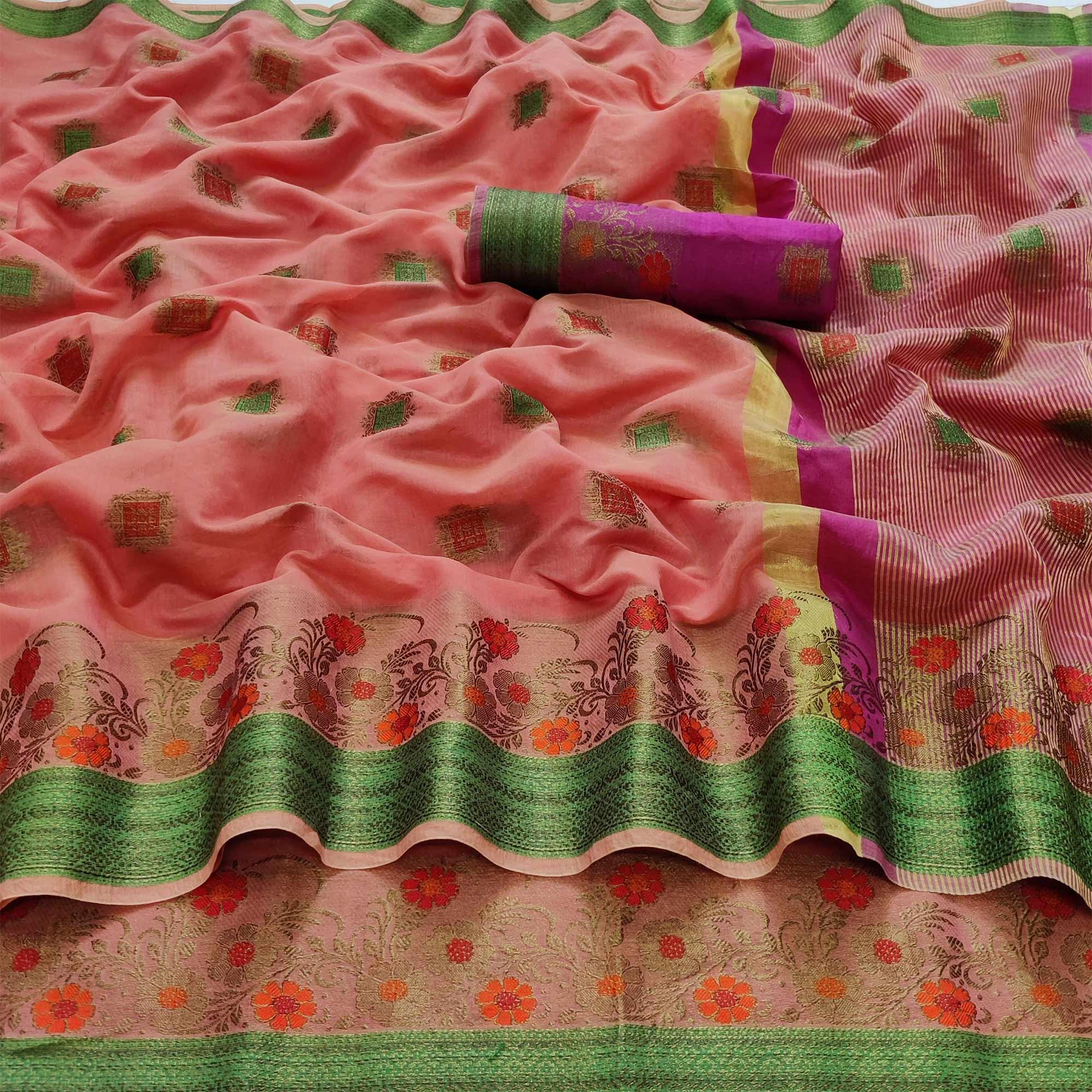 Peach Festive Wear Floral Woven Border With Butta Work Cotton Saree - Peachmode