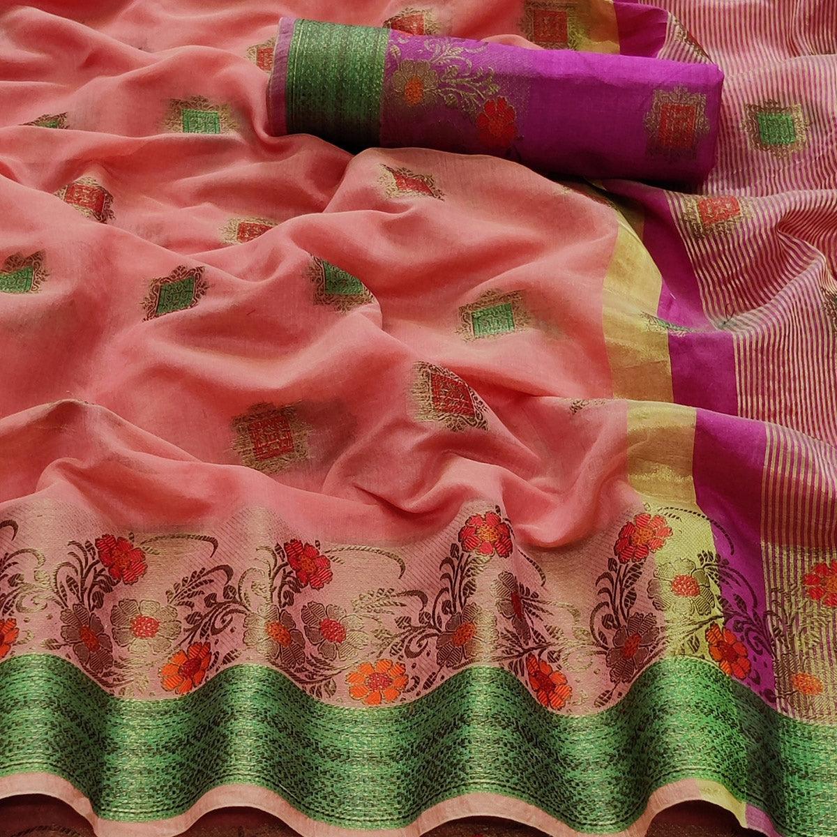 Peach Festive Wear Floral Woven Border With Butta Work Cotton Saree - Peachmode