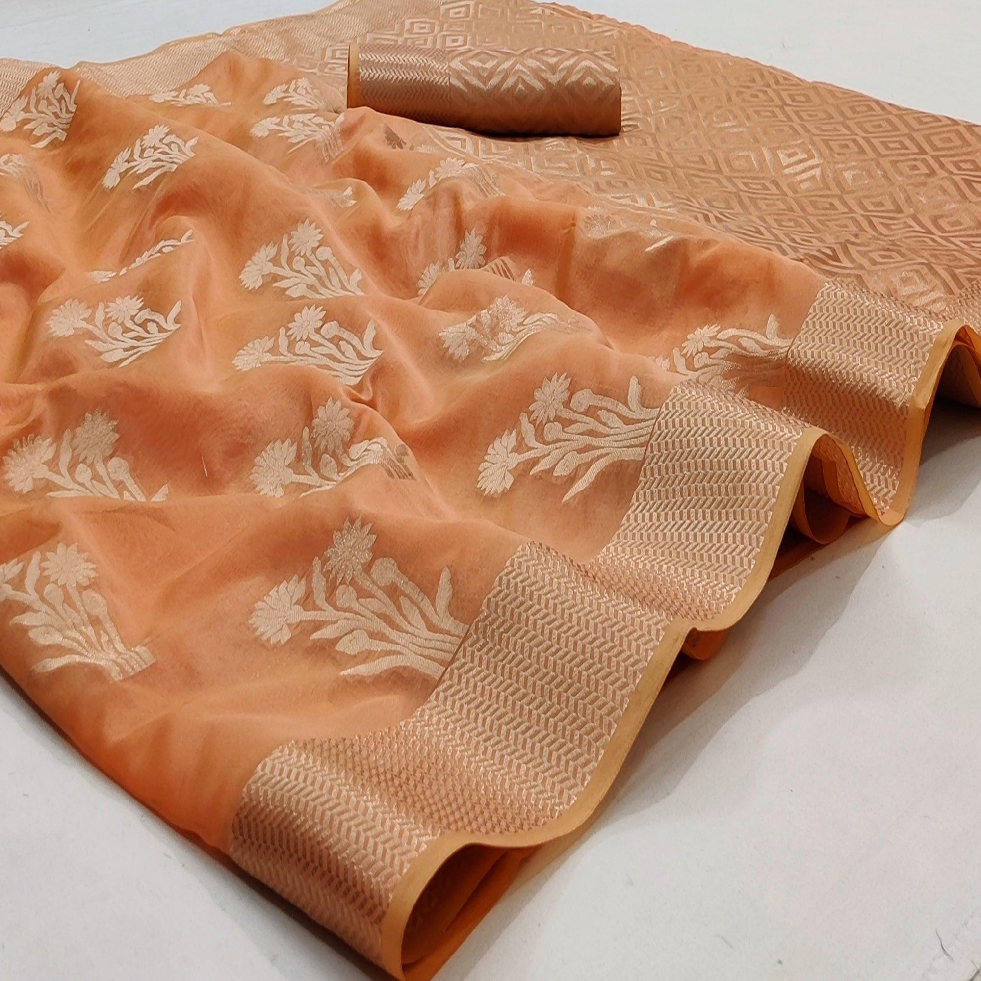 Peach Festive Wear Floral Woven Silk Saree - Peachmode