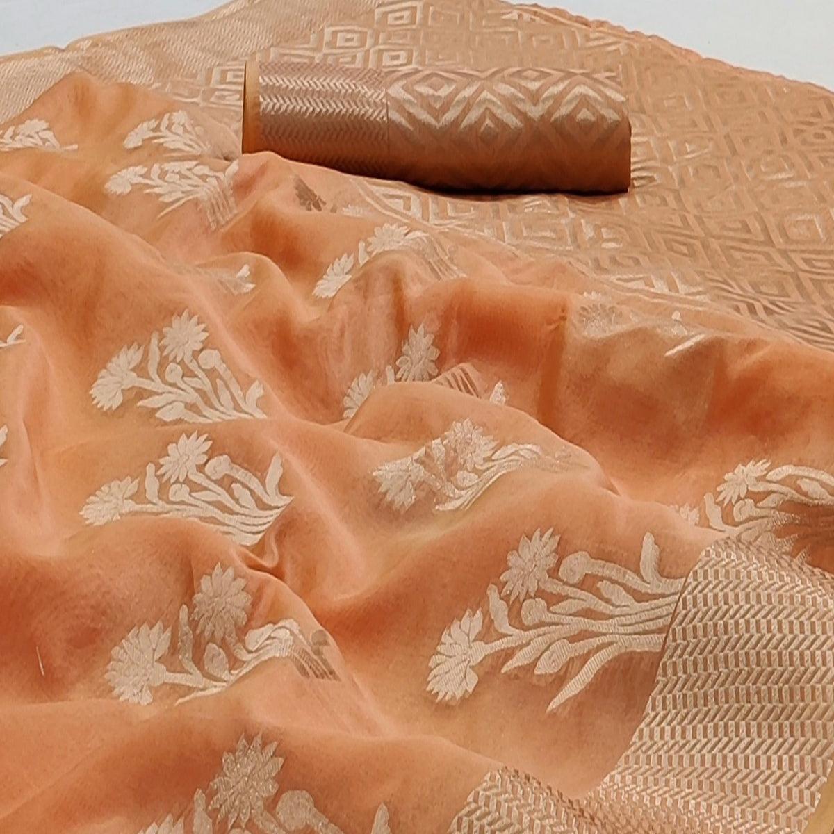 Peach Festive Wear Floral Woven Silk Saree - Peachmode