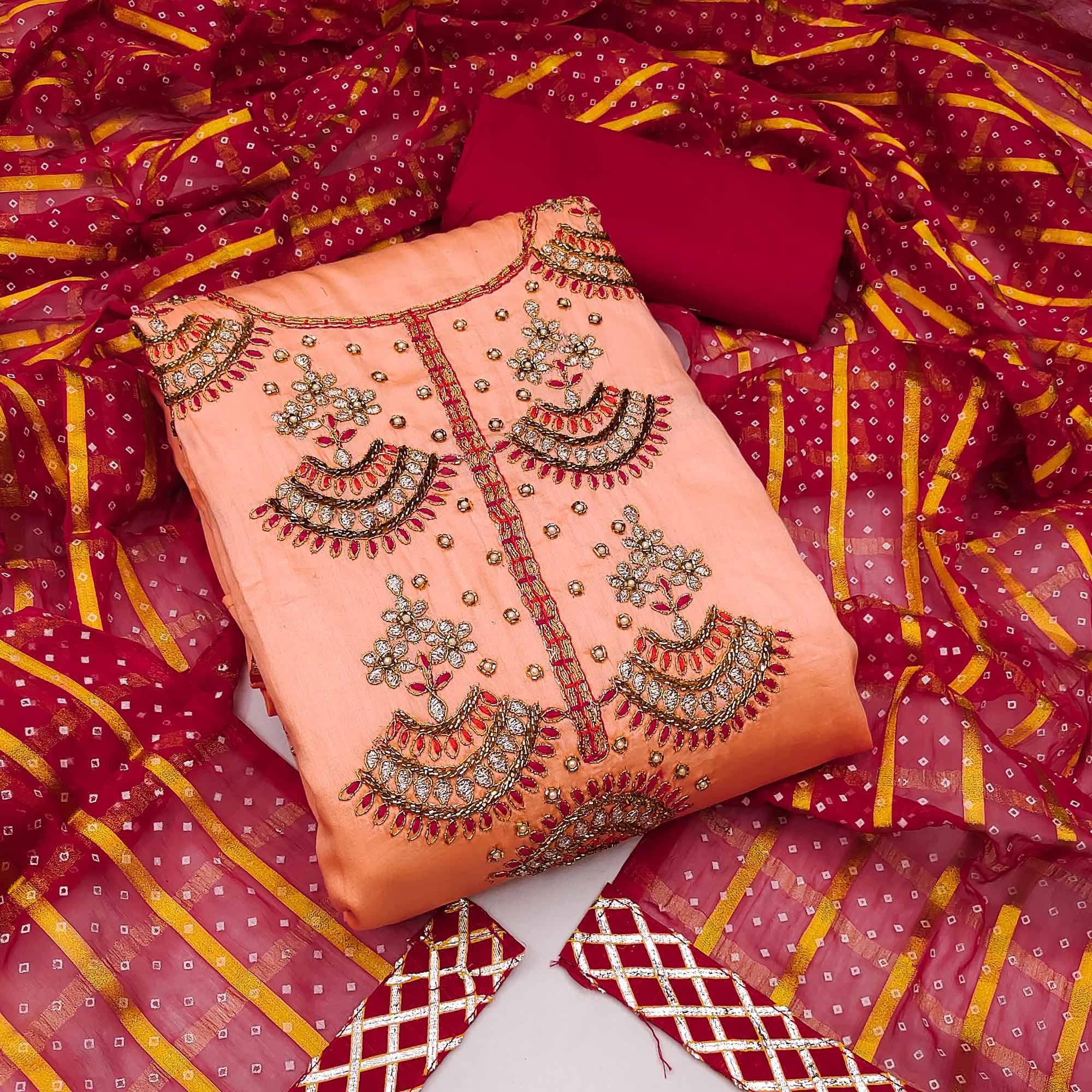 Peach Festive Wear Gota With Embellished Handwrok Cotton Dress Material - Peachmode