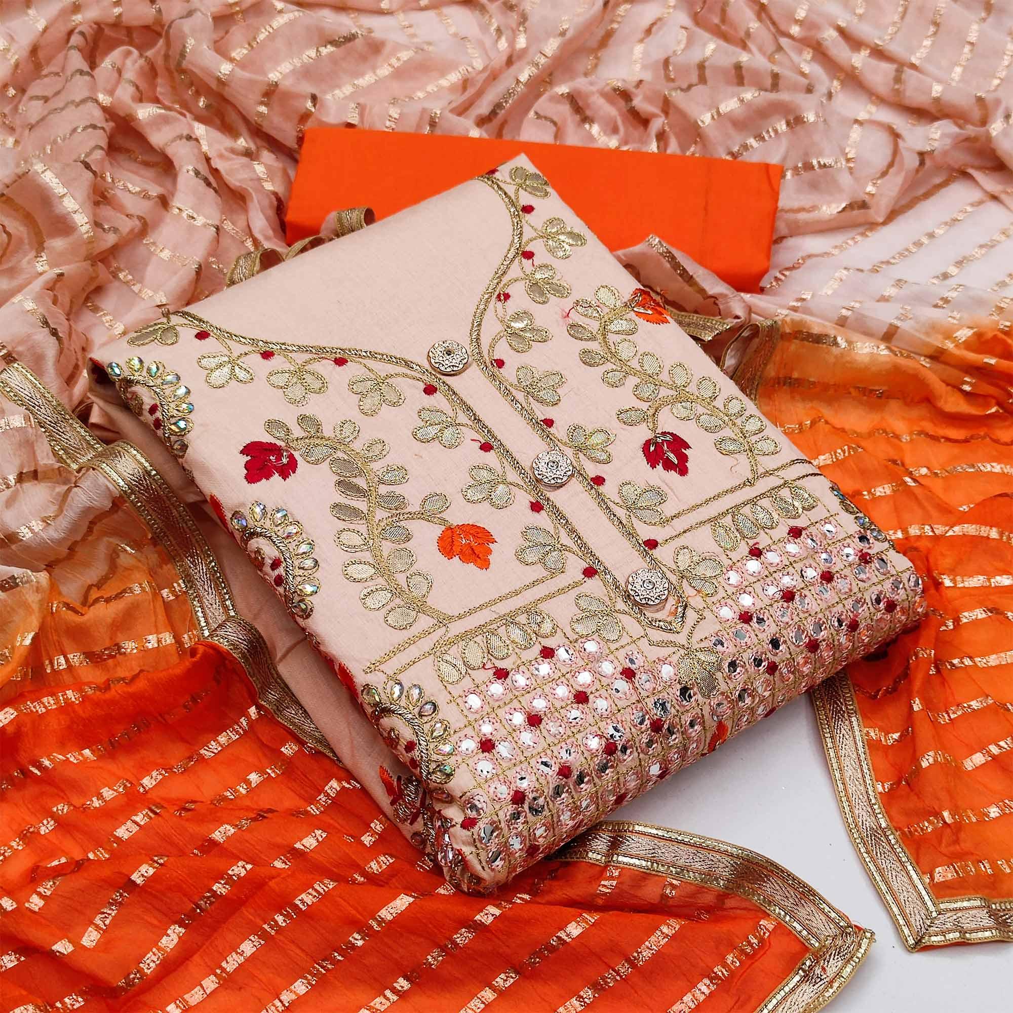 Peach Festive Wear Gotta Plus Handwork Cotton Dress Material - Peachmode