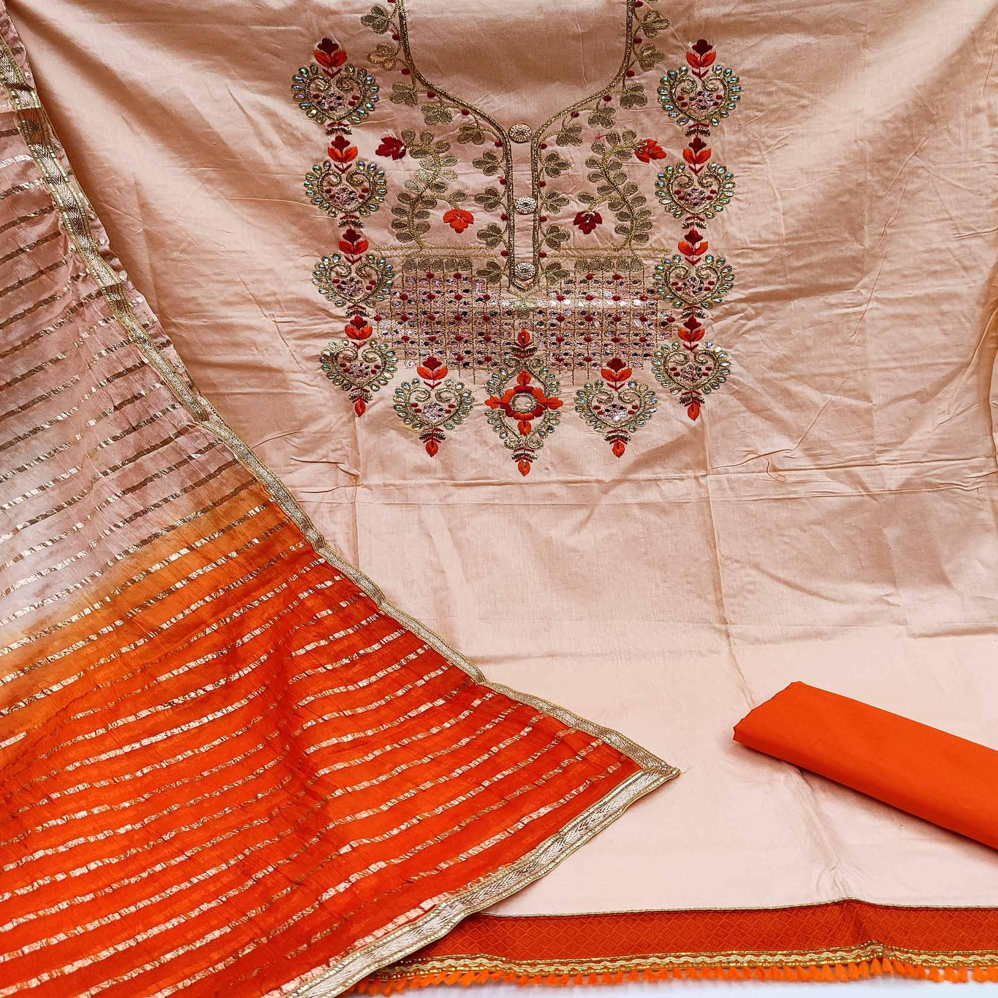 Peach Festive Wear Gotta Plus Handwork Cotton Dress Material - Peachmode