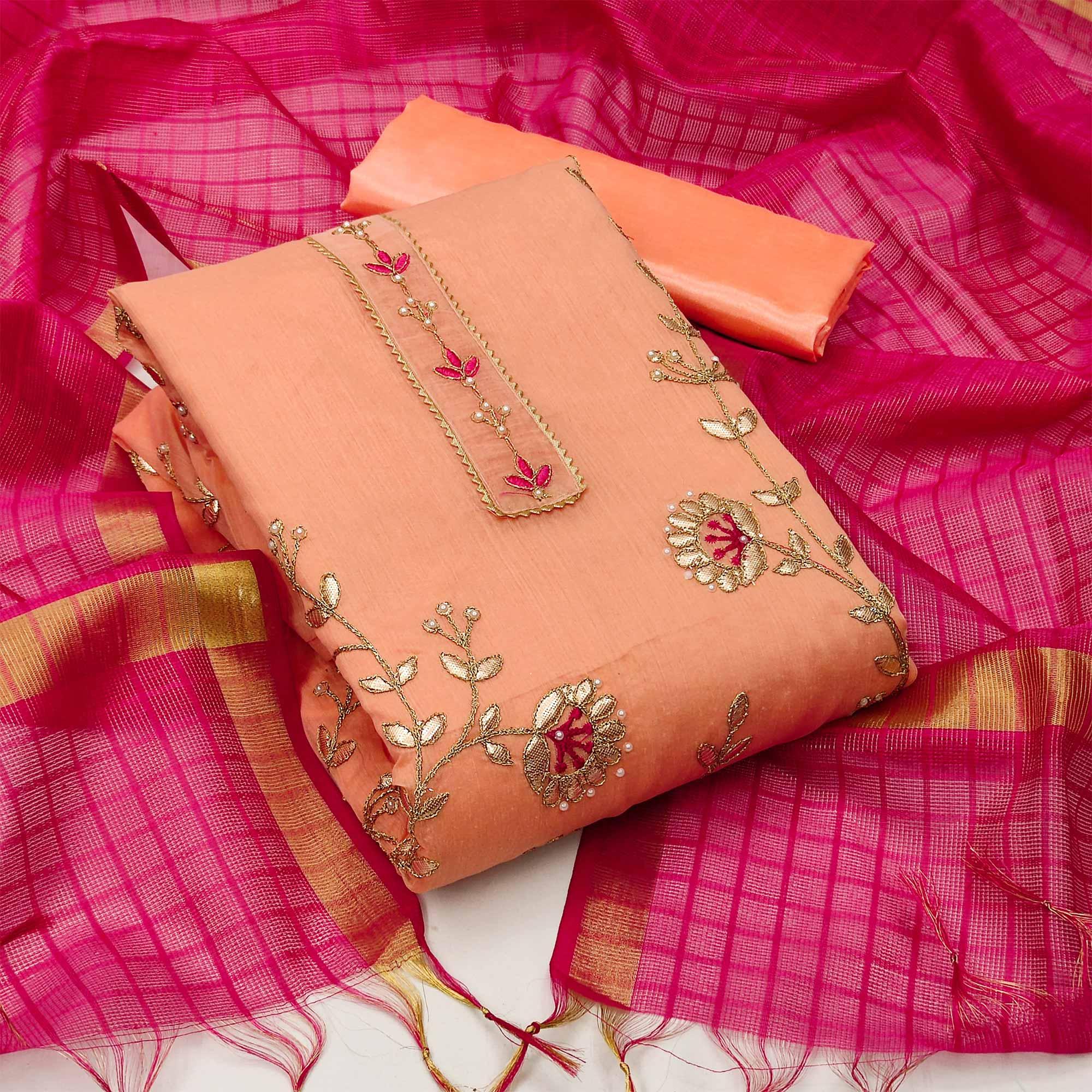 Peach Festive Wear Hand Butta Work Modal Chanderi Dress Material - Peachmode