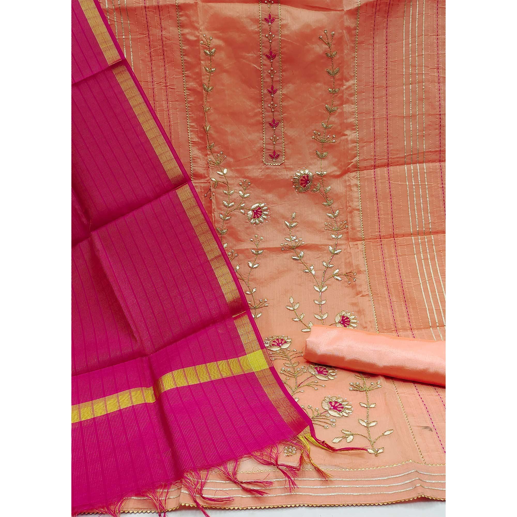 Peach Festive Wear Hand Butta Work Modal Chanderi Dress Material - Peachmode