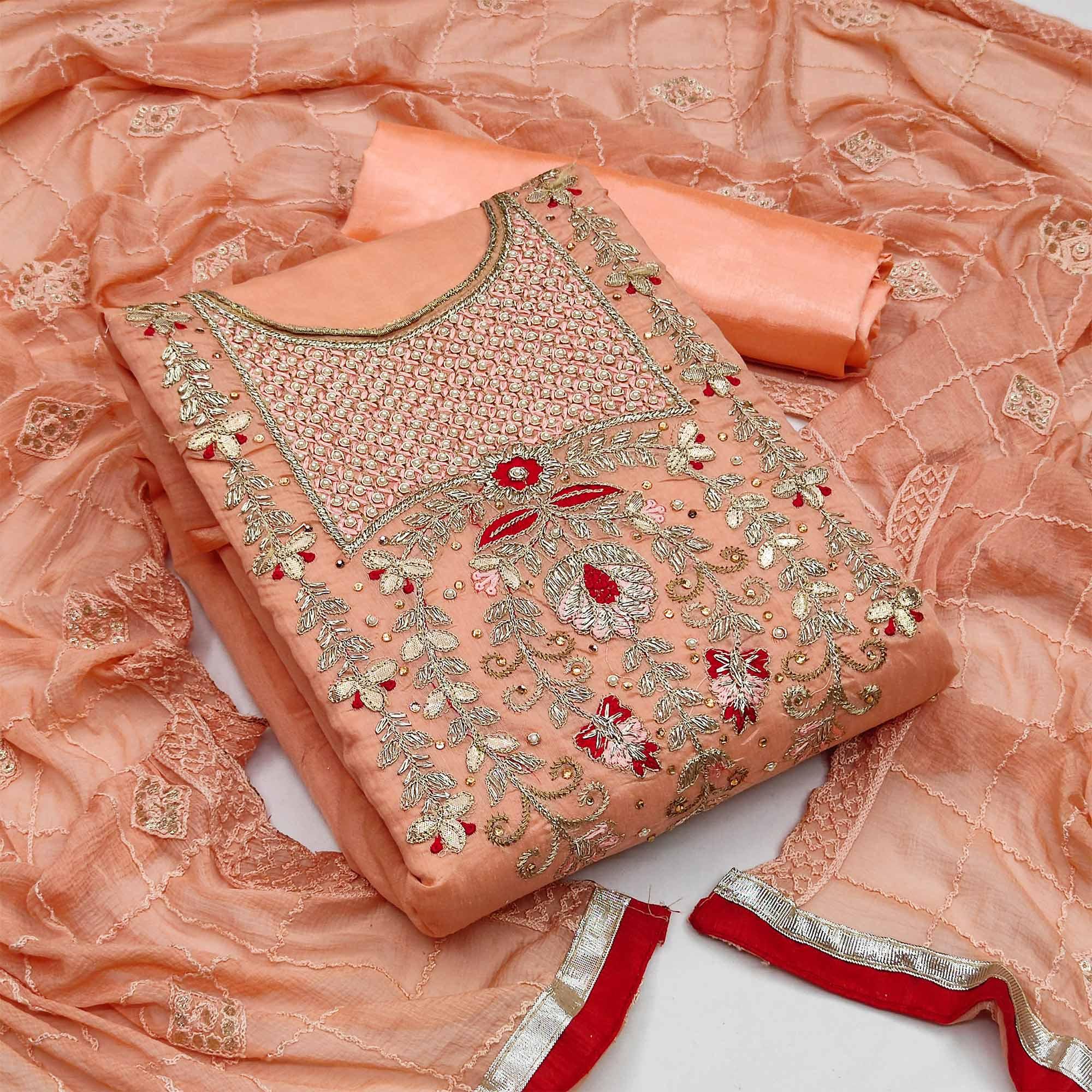 Peach Festive Wear Hand Work Modal Chanderi Dress Material - Peachmode