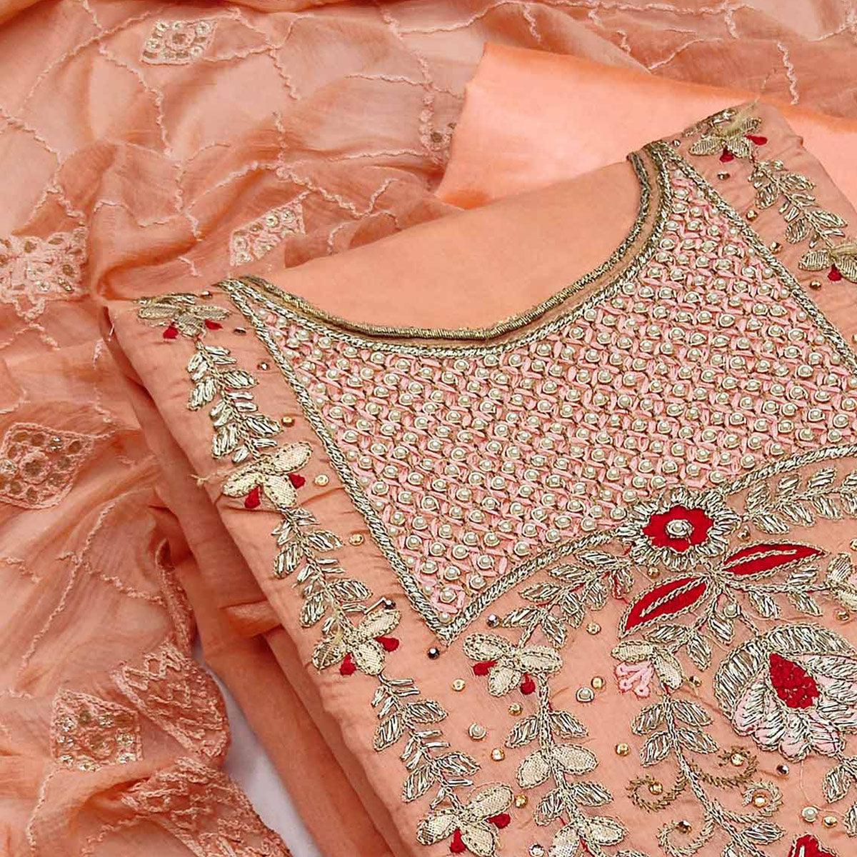 Peach Festive Wear Hand Work Modal Chanderi Dress Material - Peachmode