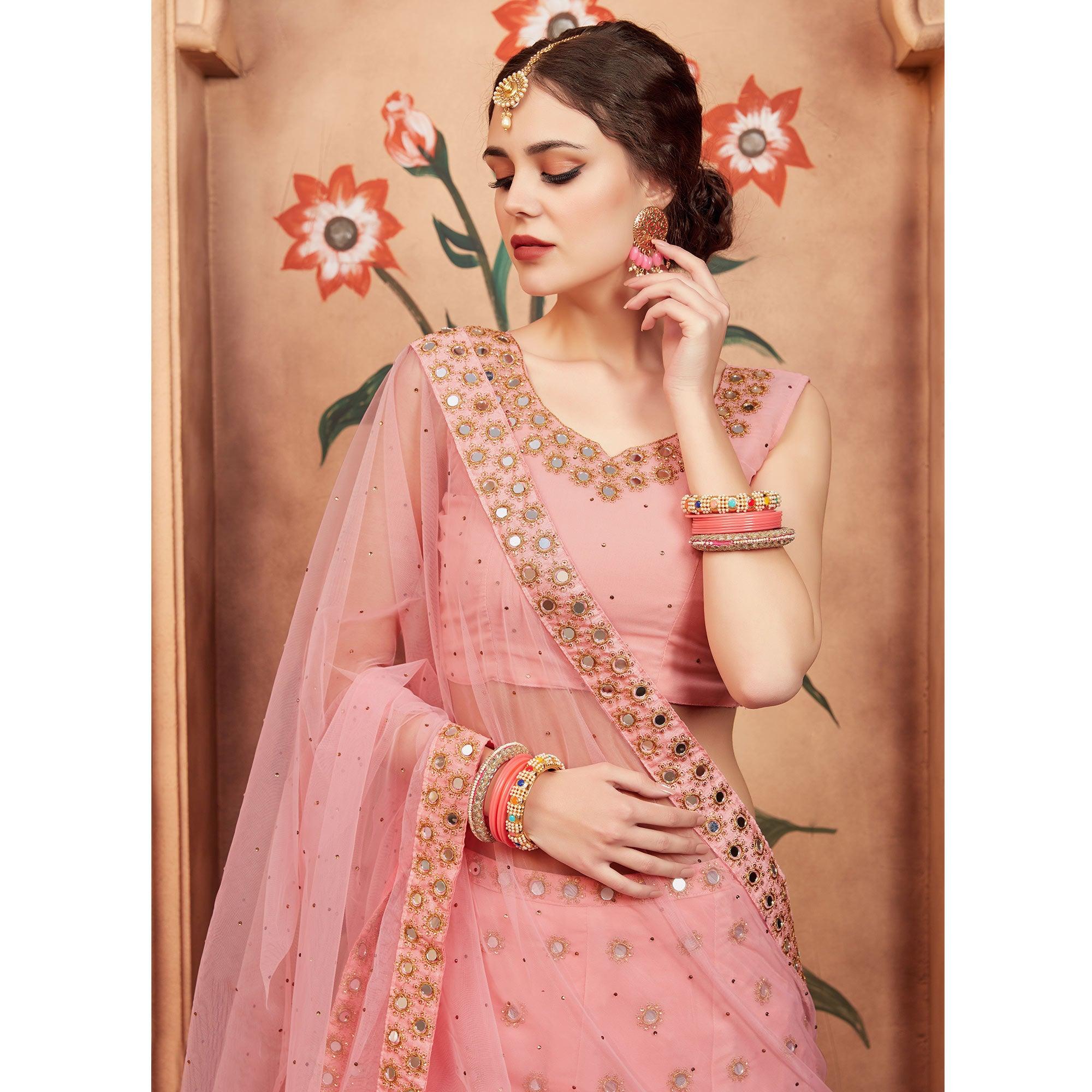 Peach Festive Wear Mirror Zari Sequence Work Georgette Lehenga Choli - Peachmode