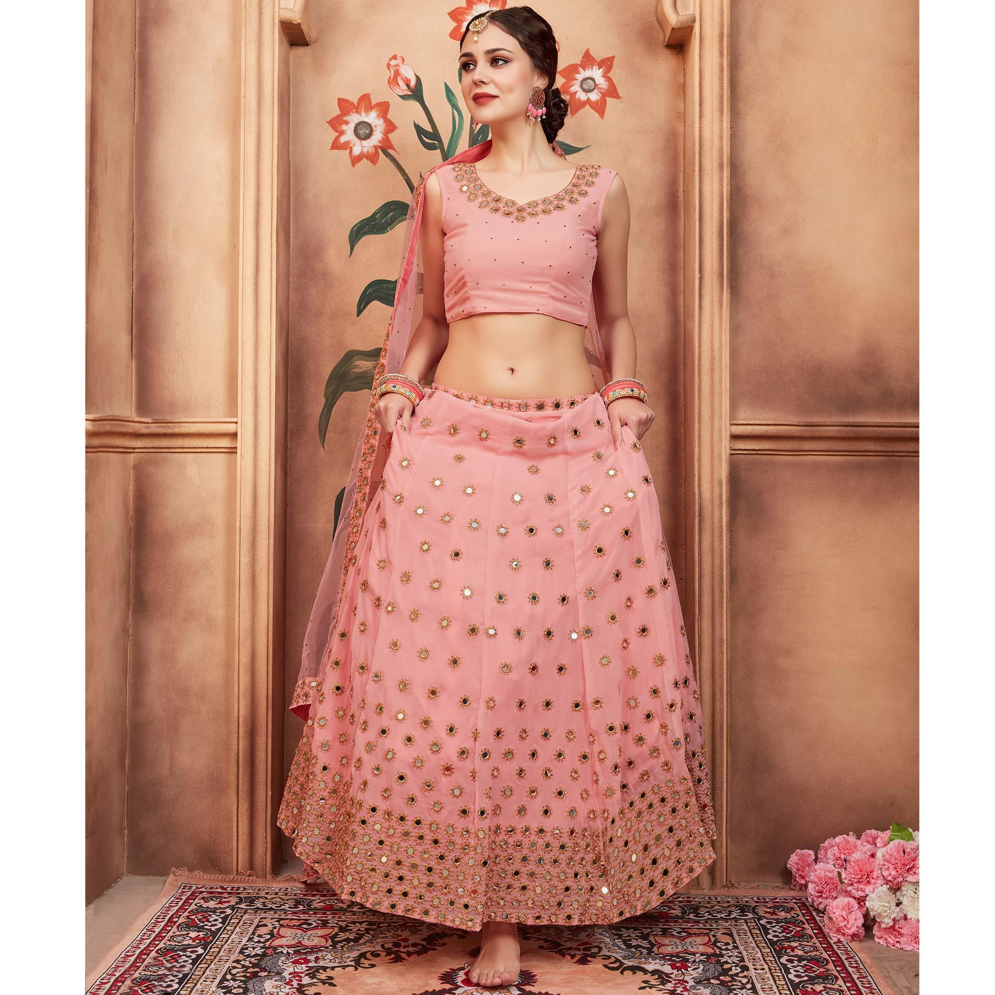 Peach Festive Wear Mirror Zari Sequence Work Georgette Lehenga Choli - Peachmode