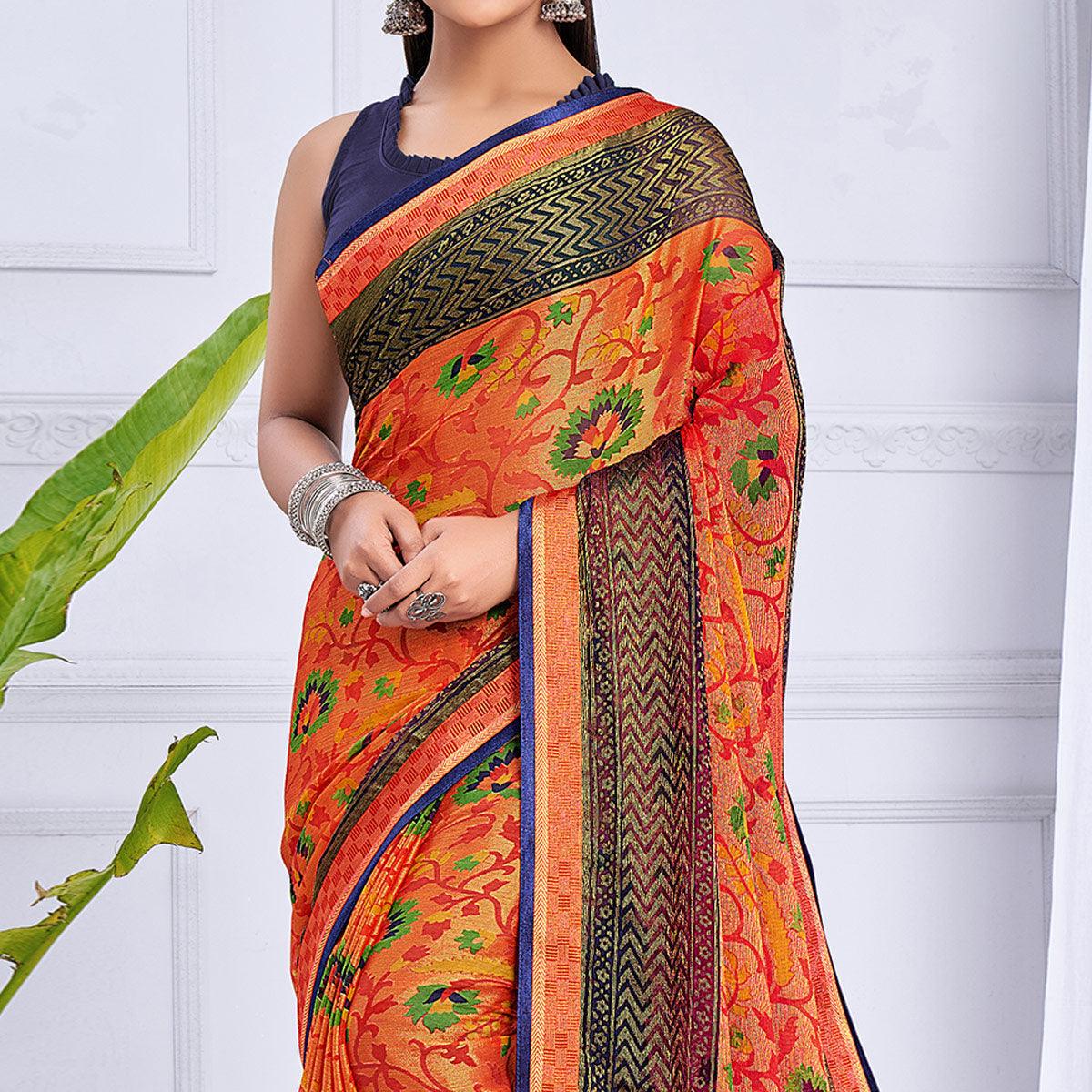 Peach Festive Wear Printed Brasso Saree - Peachmode