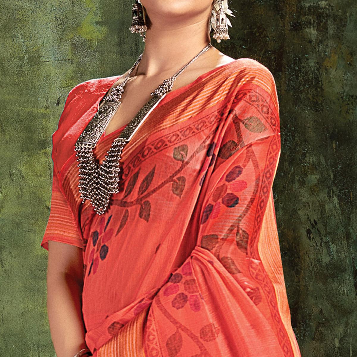 Peach Festive Wear Printed Cotton Saree - Peachmode