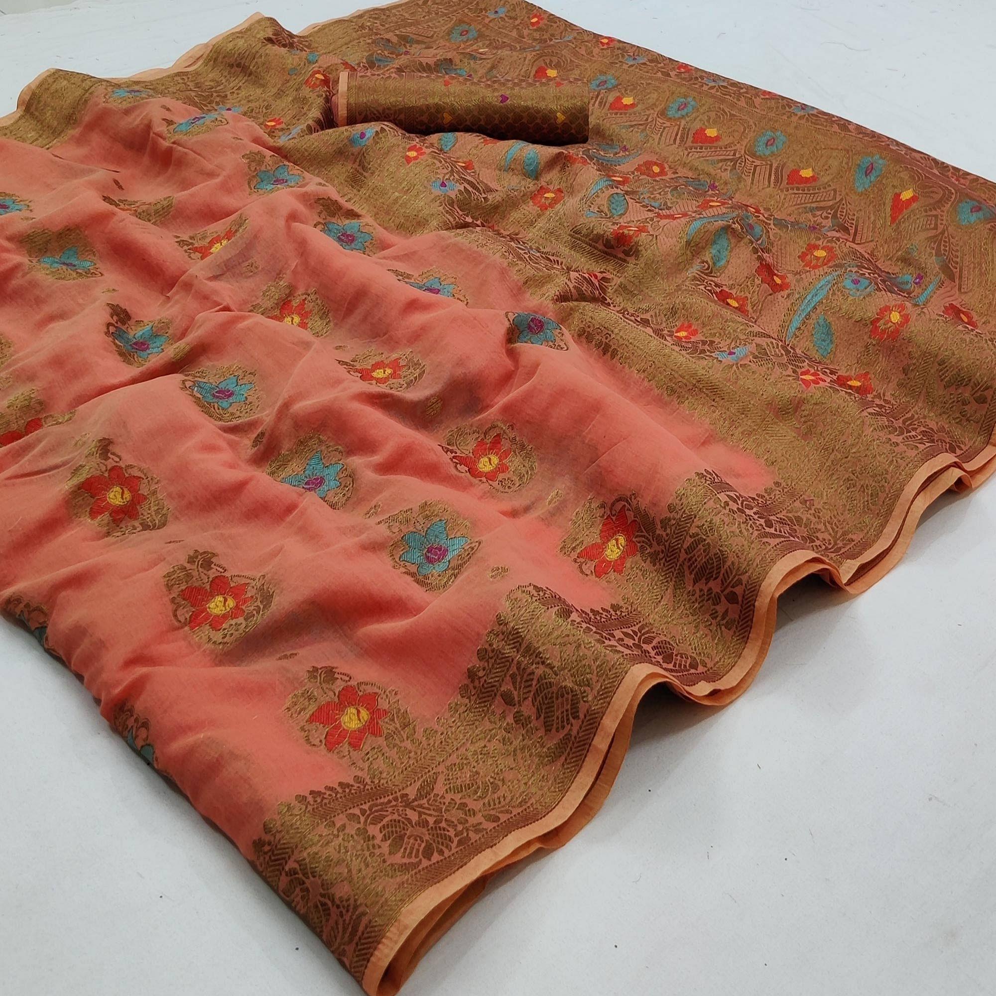 Peach Festive Wear Printed Cotton Saree - Peachmode